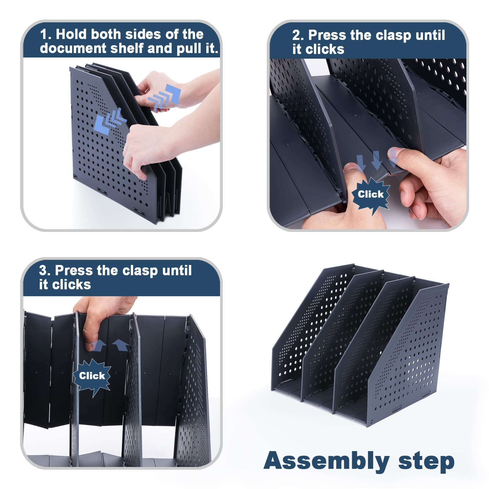 Foldable Magazine File Organizer with 4 Vertical Compartments - Space-Saving Desk Binder Holder, Dark Gray Plastic Shelf Storage for Office, Home & School Use - Perfect for Organizing Documents, Books & Office Supplies