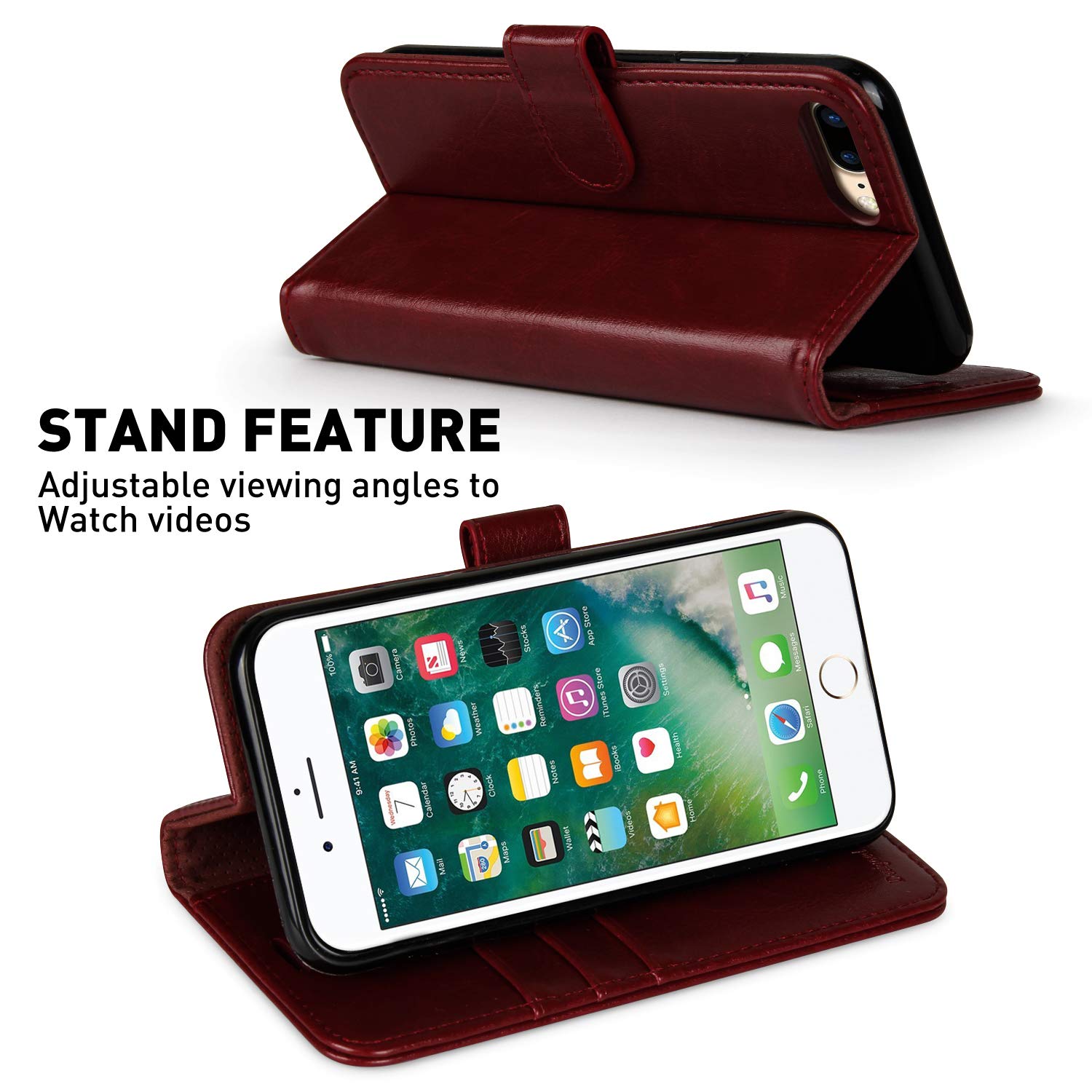 MONASAY Leather Wallet Case for iPhone 8 Plus & iPhone 7 Plus (5.5 Inch) - RFID Blocking Flip Folio Cover with Card Slots & Tempered Glass Screen Protector - Burgundy | Perfect for Business, Travel & Everyday Use