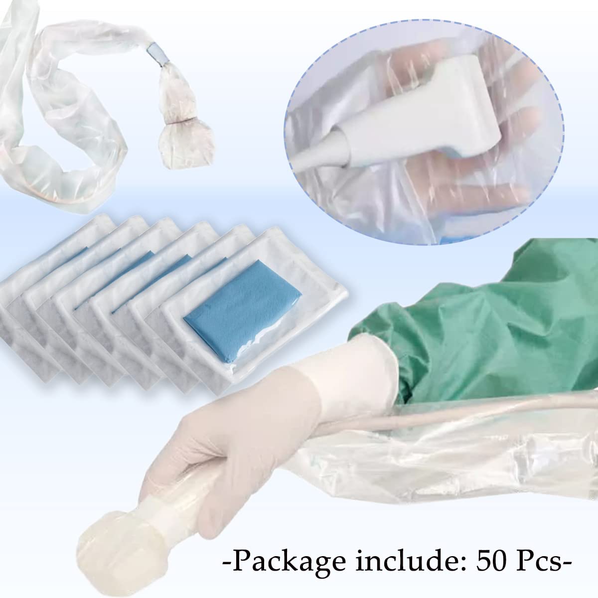 Sterile Latex-Free Disposable Ultrasound Probe Covers with Adhesive - 50 Pack (6