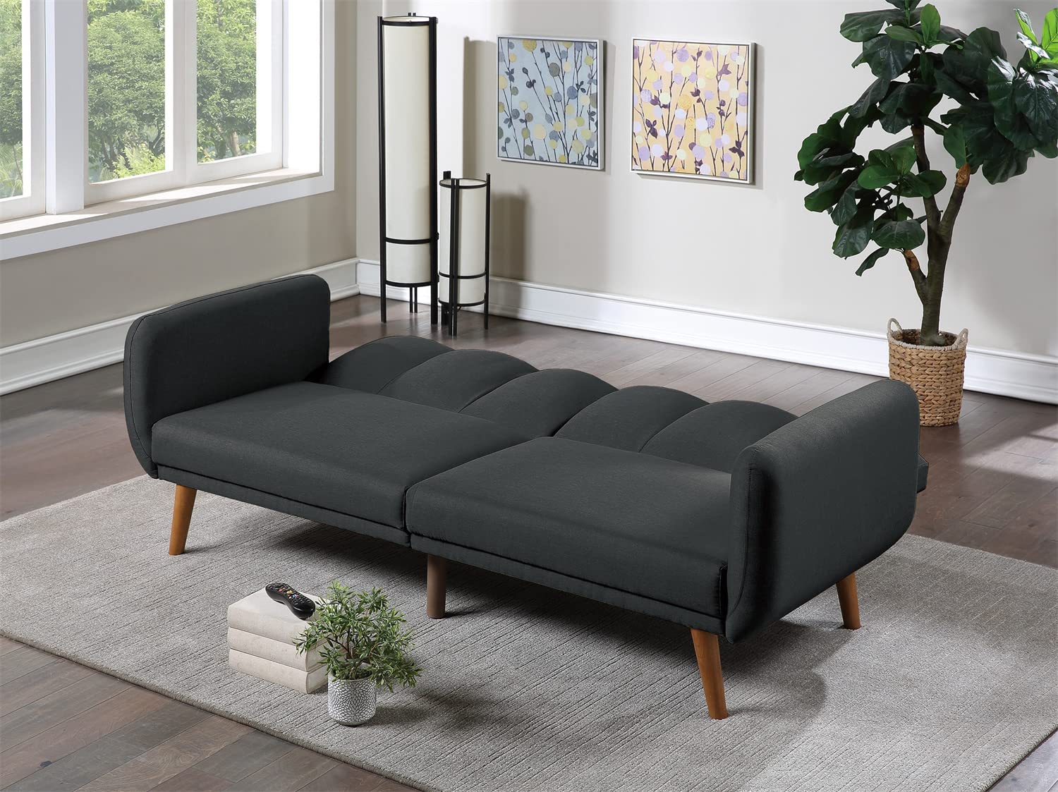 Modern Convertible Futon Sofa Bed - Adjustable Split-Back Sleeper Couch with Upholstered Seat, Wooden Legs & Armrests | Perfect for Small Spaces, Living Rooms, Apartments & Guest Rooms (Black)