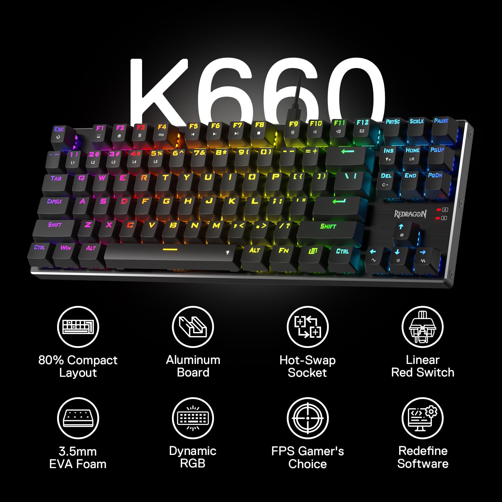 Redragon K556 TKL RGB Mechanical Gaming Keyboard - 87 Keys, Aluminum Base, Red Switch for Quiet Gaming