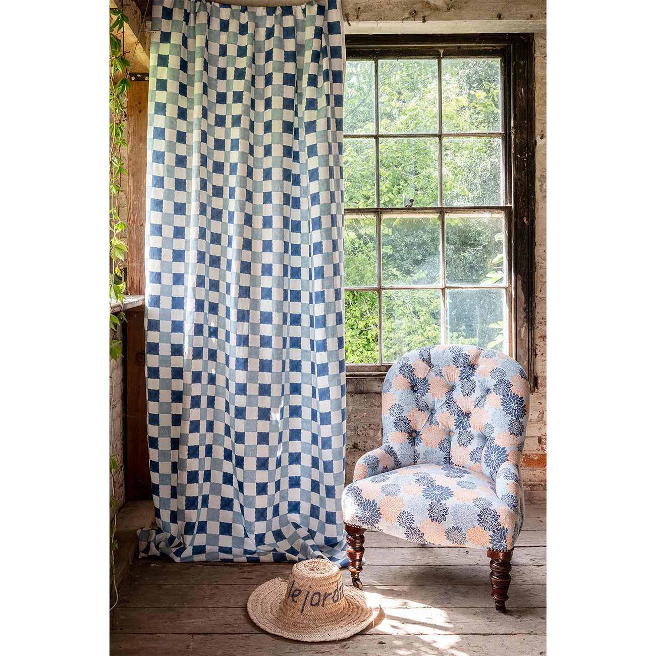 Checkered Block Printed Linen Fabric in Blue - Perfect for DIY Home Decor, Upholstery & Fashion Accessories