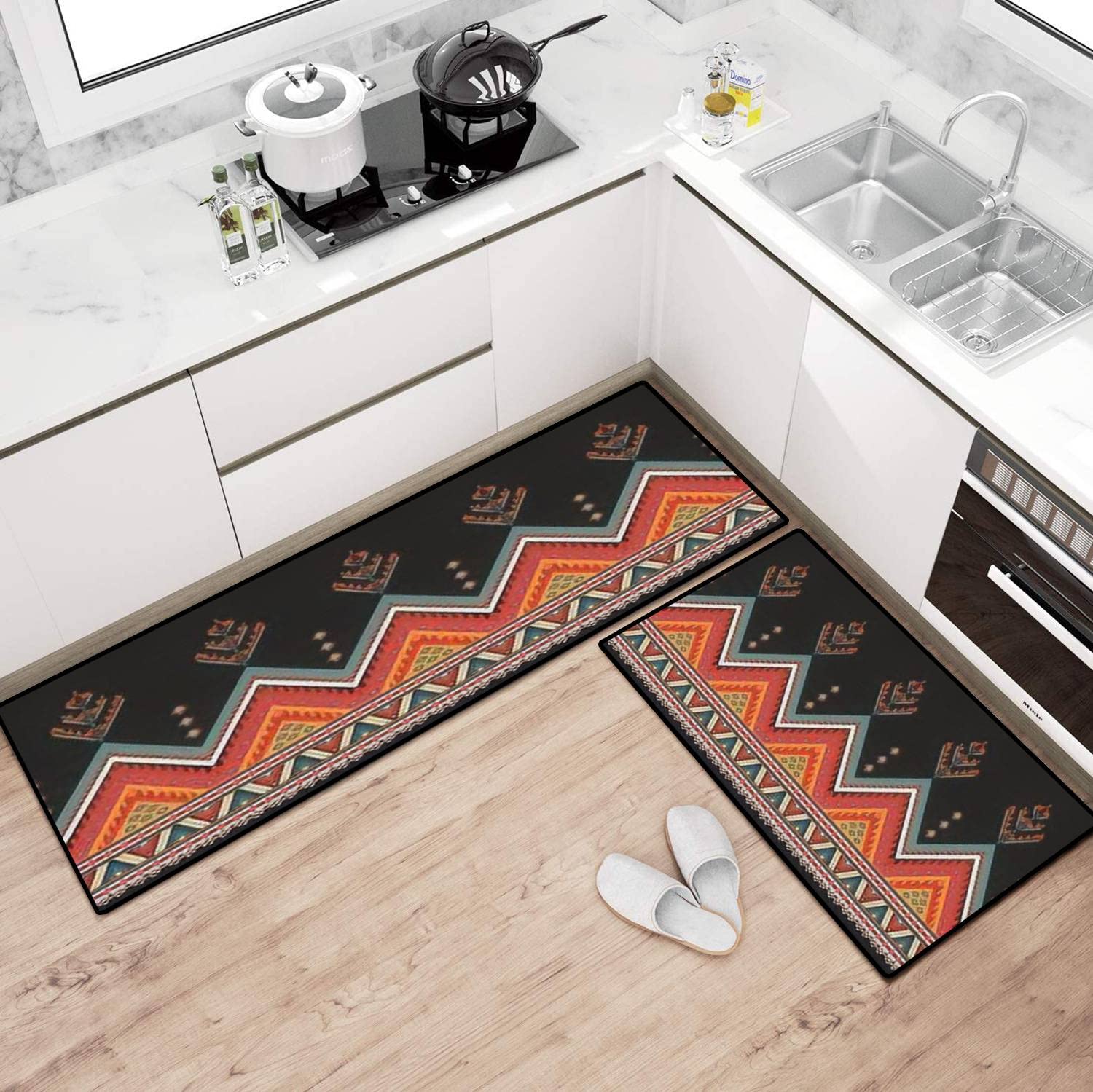 Non-Slip Washable Kitchen Rugs Set - Ethnic Abstract Tribal Embroidery Design - Mexican Style Floor Mat for Kitchen, Bathroom & Entryway - Comfort Standing Mats for Home Decor & Safety
