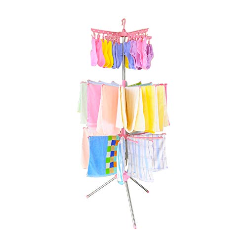 Hershii Foldable Clothes Drying Rack - 3-Tier Standing Garment Hanger with 24 Clips & 32 Towel Bars | Space Saving Laundry Organizer for Baby Clothes, Socks, Bibs, Underwear, Diapers | Perfect for Small Apartments, Dorms & RVs (Pink)