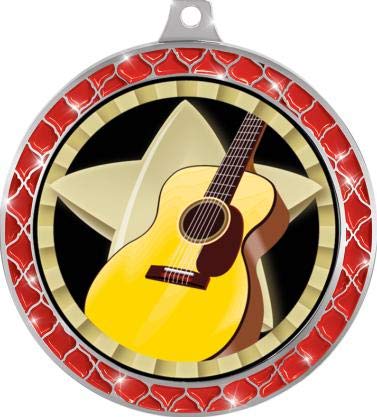2.5 Inch Red Trellis Guitar Player Medal - Silver Music Trophy Award for Kids | Perfect for Music Competitions, Recital Prizes & Guitar Achievement Awards