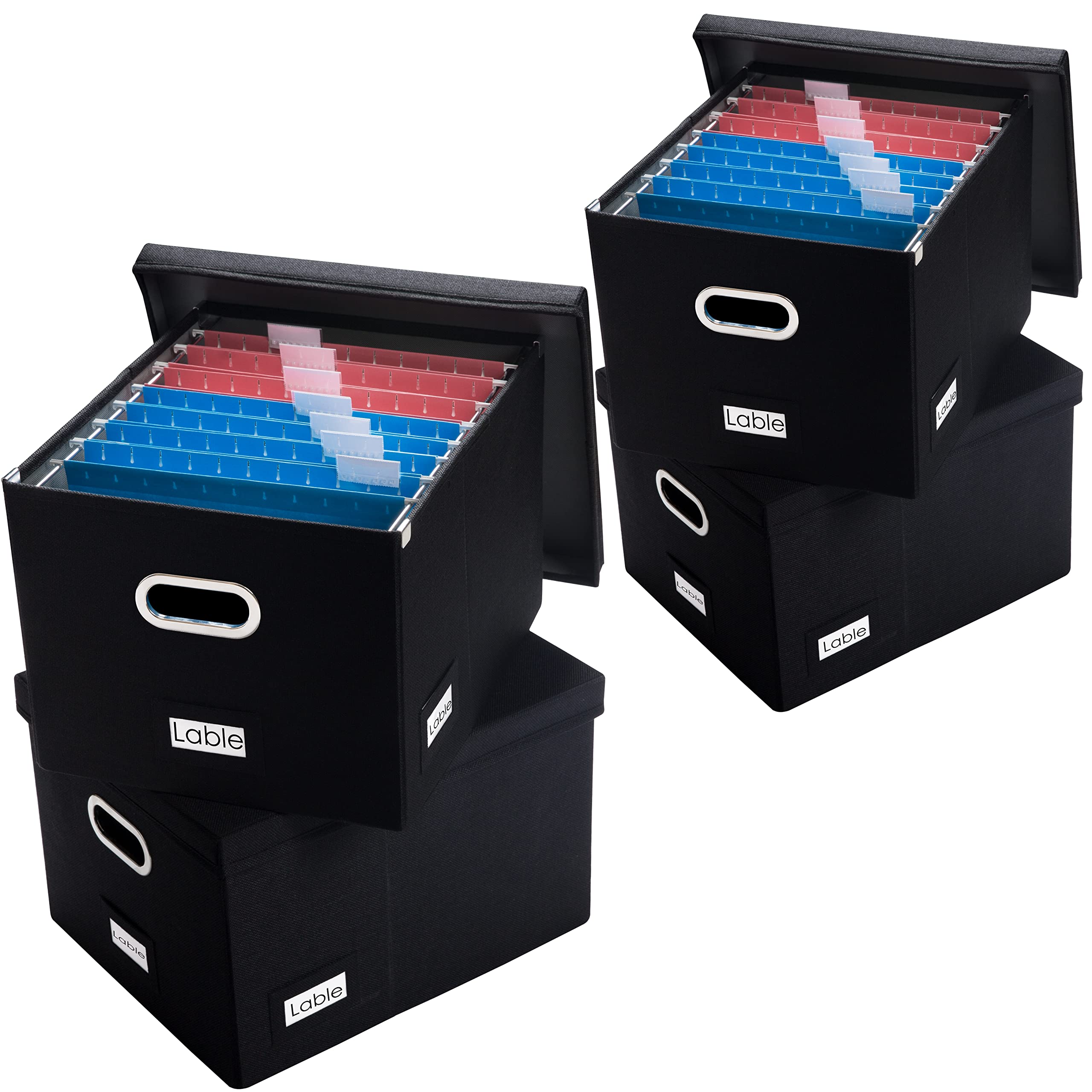 Prandom File Organizer Box Set of 4 - Collapsible Linen Storage Bins with Lids for Office Cabinet, Letter/Legal Size (17x14x11.2 Inch) - Black Decorative Hanging File Folders for Home & Office Organization