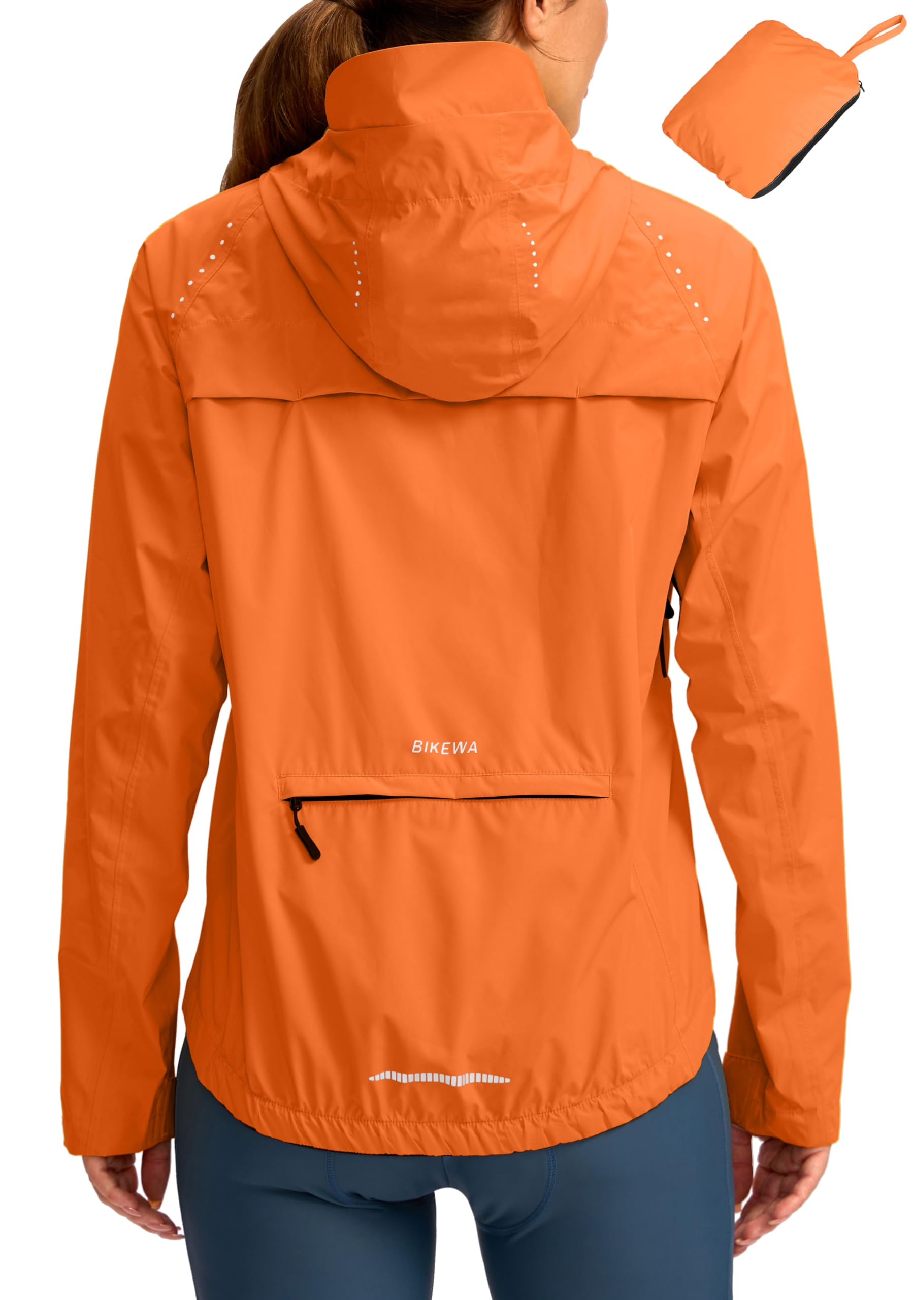 Bikewa Women's Waterproof Cycling Rain Jacket - Lightweight Windproof Reflective Running Windbreaker with Hood - Packable for Outdoor Sports, Commuting & Rainy Day Activities