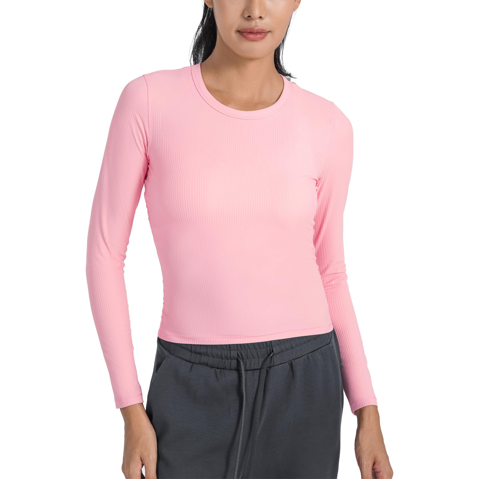 Altiland Women's Ribbed Long Sleeve Workout Tops - Fitted Athletic Running Shirts & Cropped Yoga Exercise Tees for Gym, Jogging, and Fitness Training
