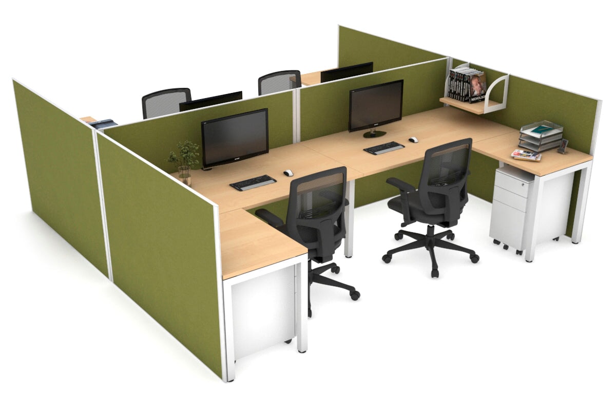 Quadro Square Legs 4-Person Corner Workstation - H Configuration White Frame [1400L x 1800W with Cable Management] - Perfect for Office Collaboration & Team Workspaces