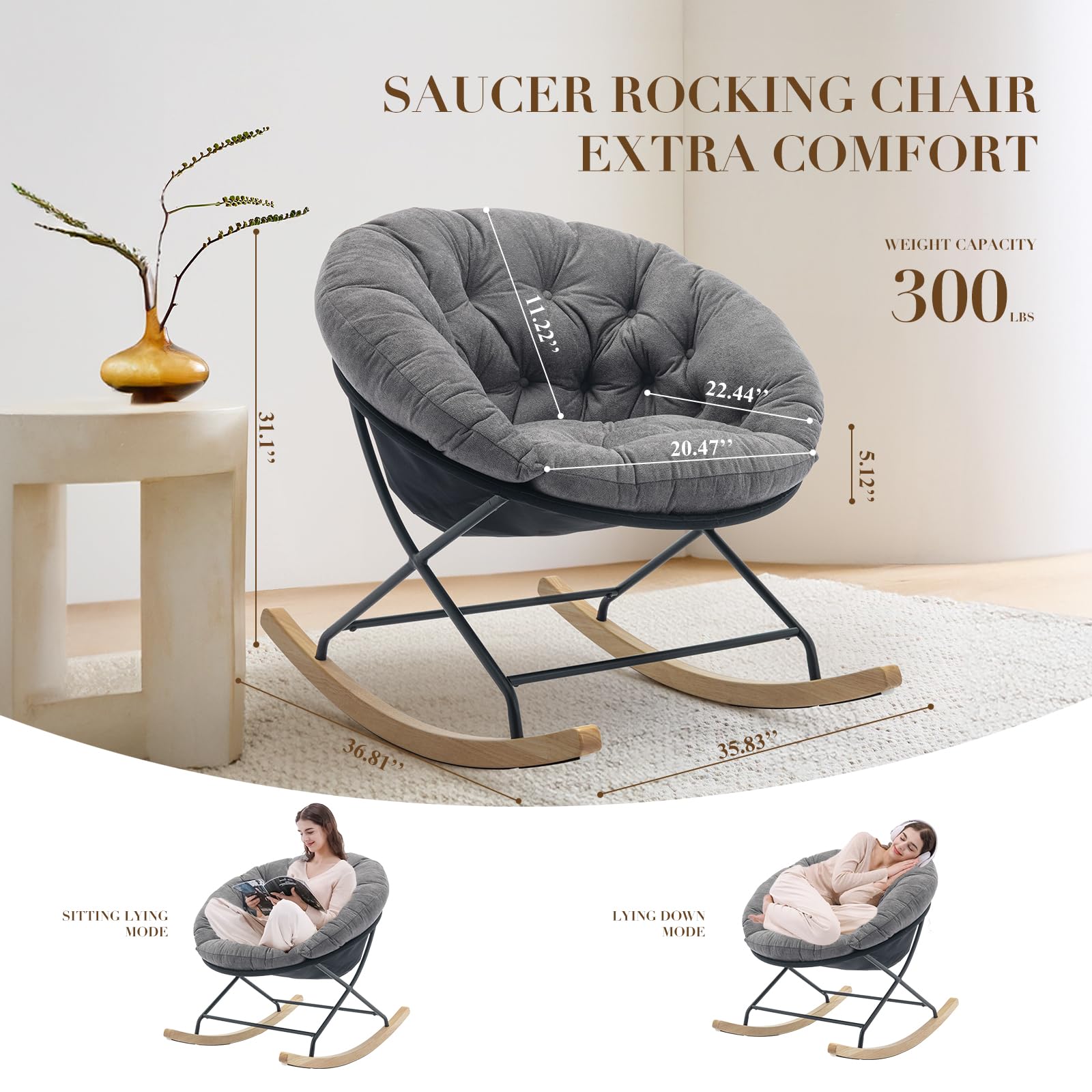 COLAMY Upholstered Rocking Chair with Comfy Cushions - Nursery Glider Rocker, Saucer Armchair with Wood Base & Metal Legs - Perfect for Living Room, Bedroom, Nursery & Office - Grey (Great for Nursing, Relaxing & Reading)