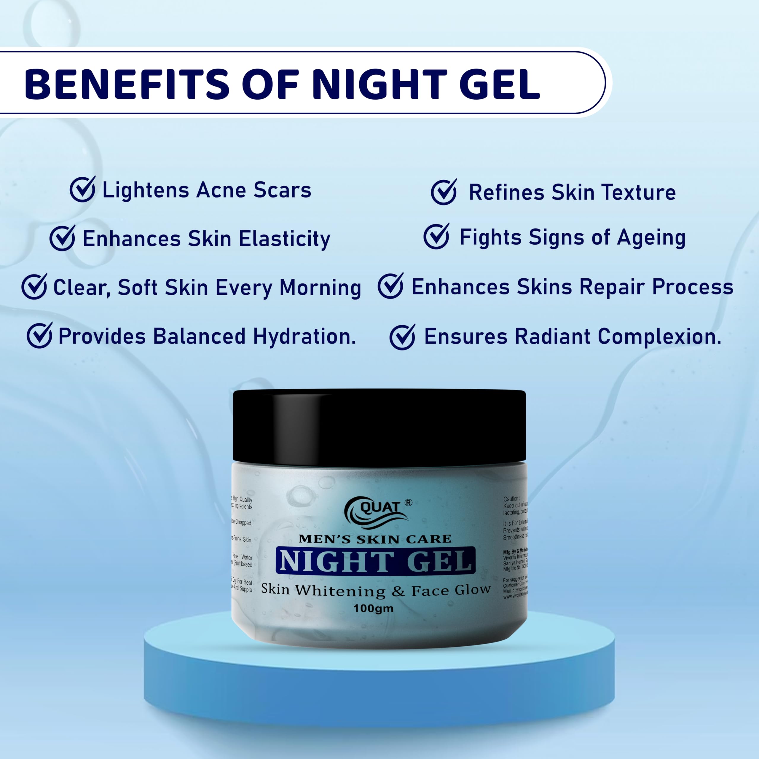 Quat Men Night Gel - 100ml Hydrating & Brightening Face Moisturizer for Men with Natural Ingredients | Perfect for Overnight Skin Repair & Glowing Complexion