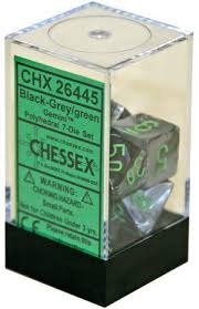 Chessex Polyhedral 7-Dice Set - Gemini Style - Black & Grey with Green | Perfect for D&D, RPGs, and Tabletop Gaming