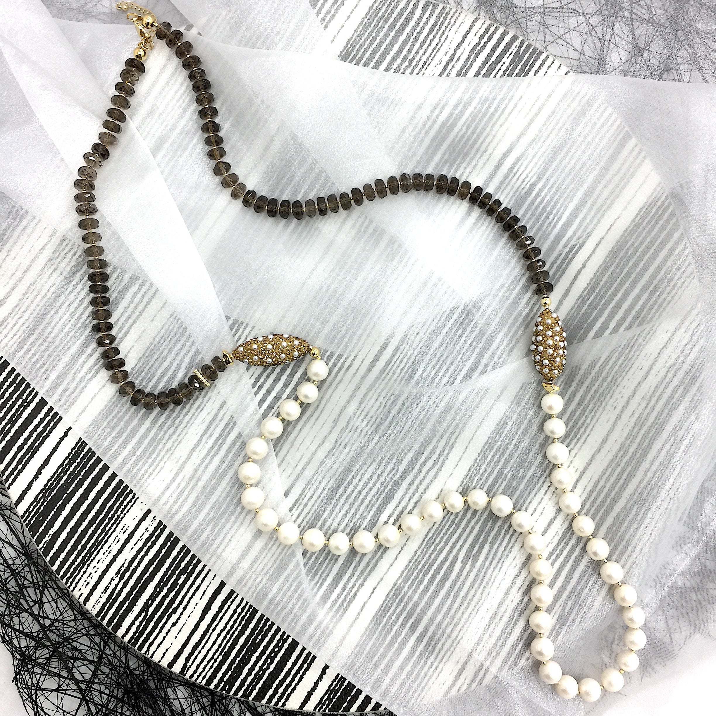 Elegant Smoky Quartz & Freshwater Pearls Multi-Way Adjustable Necklace AN021 - Perfect for Weddings, Parties & Everyday Wear