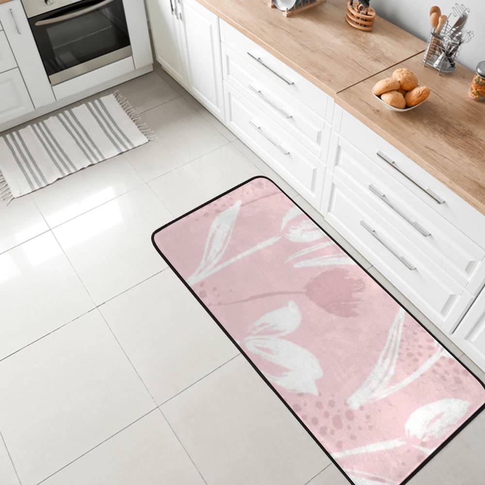 Non-Slip Soft Plush Memory Foam Kitchen Rug - Abstract Floral Tulips Pink Bathroom Mat, Extra-Thick Machine Washable Floor Rug (39x20 Inch) - Perfect for Kitchen, Bathroom, Laundry Room & Entryway Decor