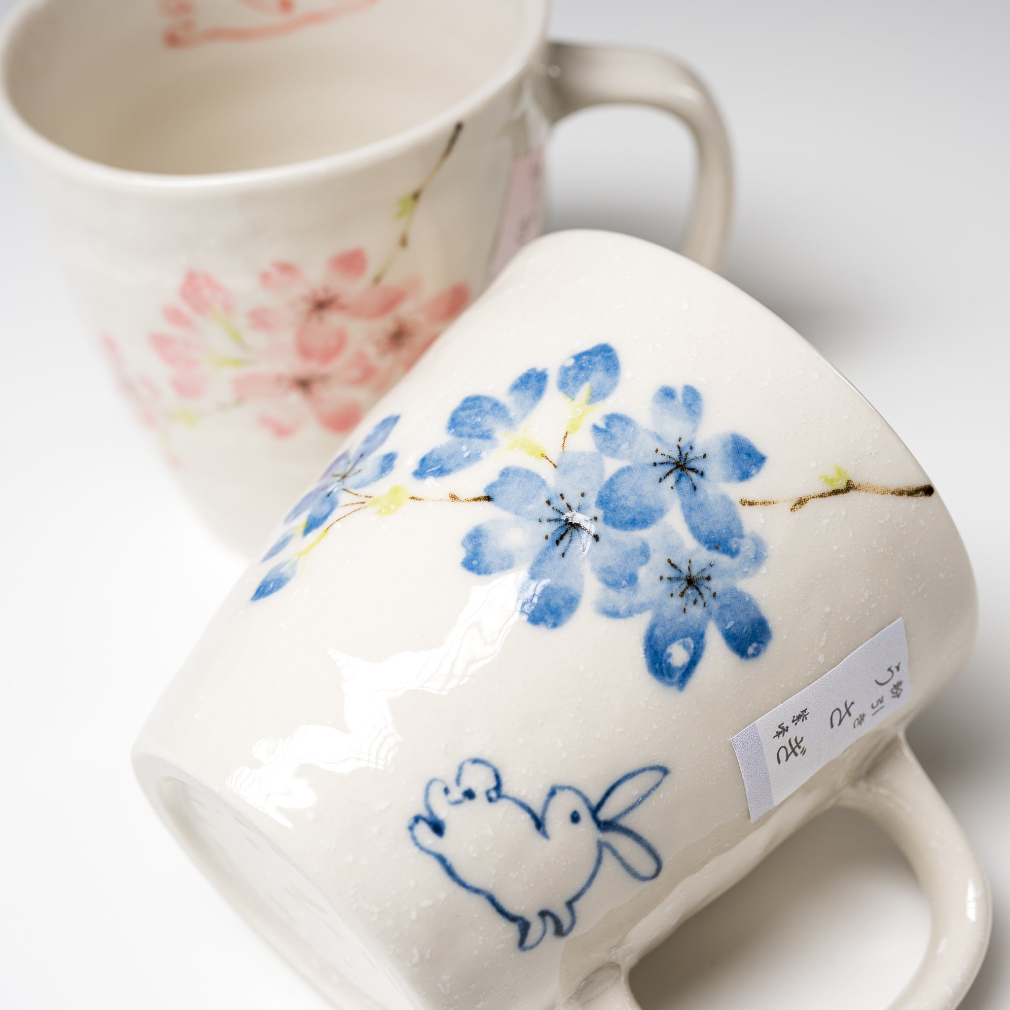 Rabbit and Sakura Pair Mug Cup Set of 2 - Ceramic Coffee Mugs with Cute Animal Design for Tea, Hot Drinks - Perfect for Couples, Valentine's Day Gifts & Japanese Tea Ceremony