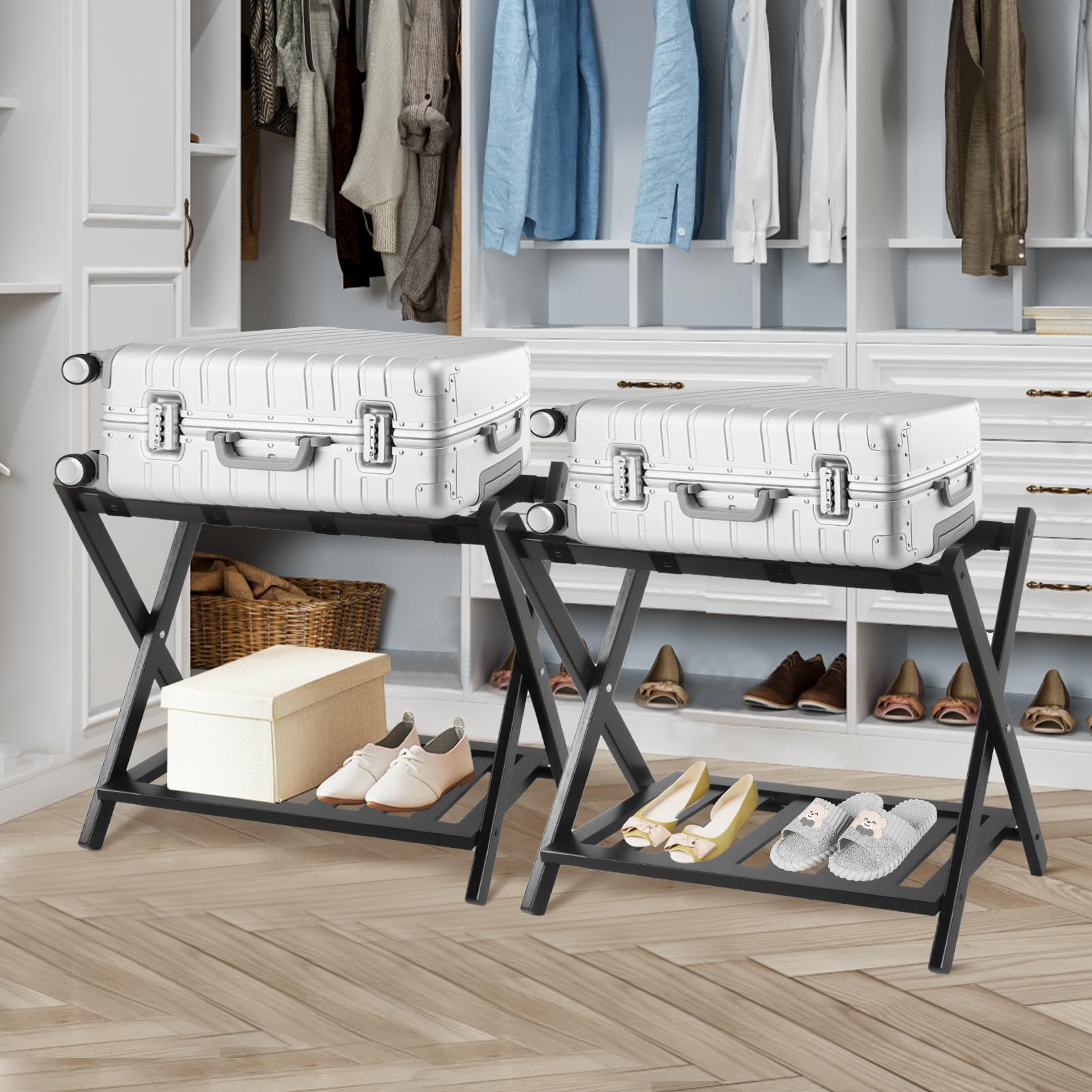 Heavy Duty Wooden Folding Luggage Rack with Shelf - 2 Tier Suitcase Stand with Nylon Belts, Space-Saving Foldable Bag Holder for Bedroom, Guest Room & Closet - 2 Pack - Perfect for Travel Storage & Suitcase Organization