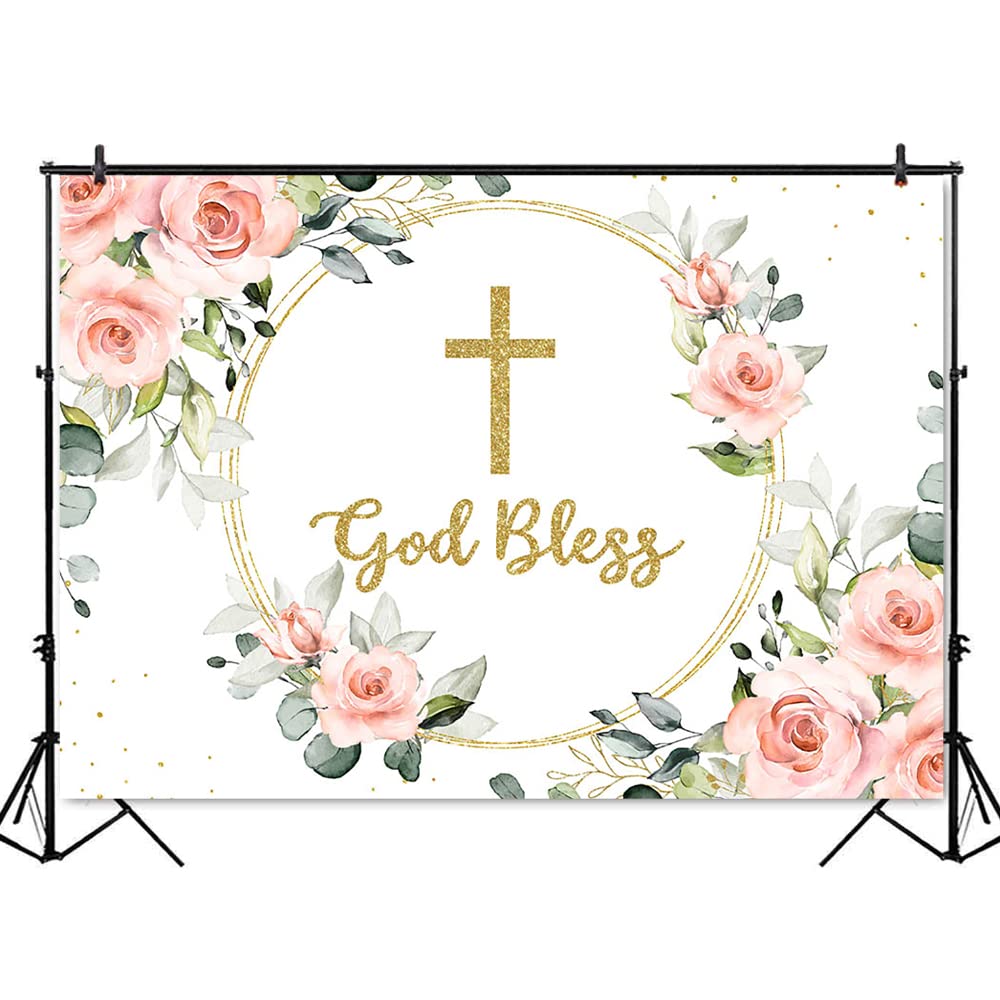 Blush Pink Floral Baptism Backdrop - 7x5ft Pink Roses God Bless Photo Booth Background for First Holy Communion, Christening Party, Cake Table Decor & Baby Shower