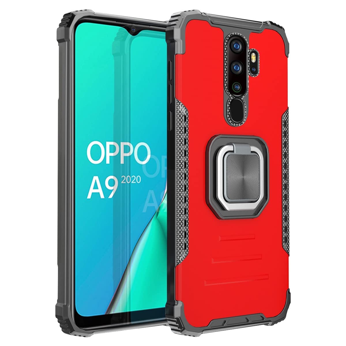 **Oppo A9 2020 Phone Case - Shockproof Hybrid Hard PC & Soft TPU Cover with Magnetic Kickstand & Car Mount | Drop Tested Protection | Red | Perfect for Travel, Work & Daily Use**