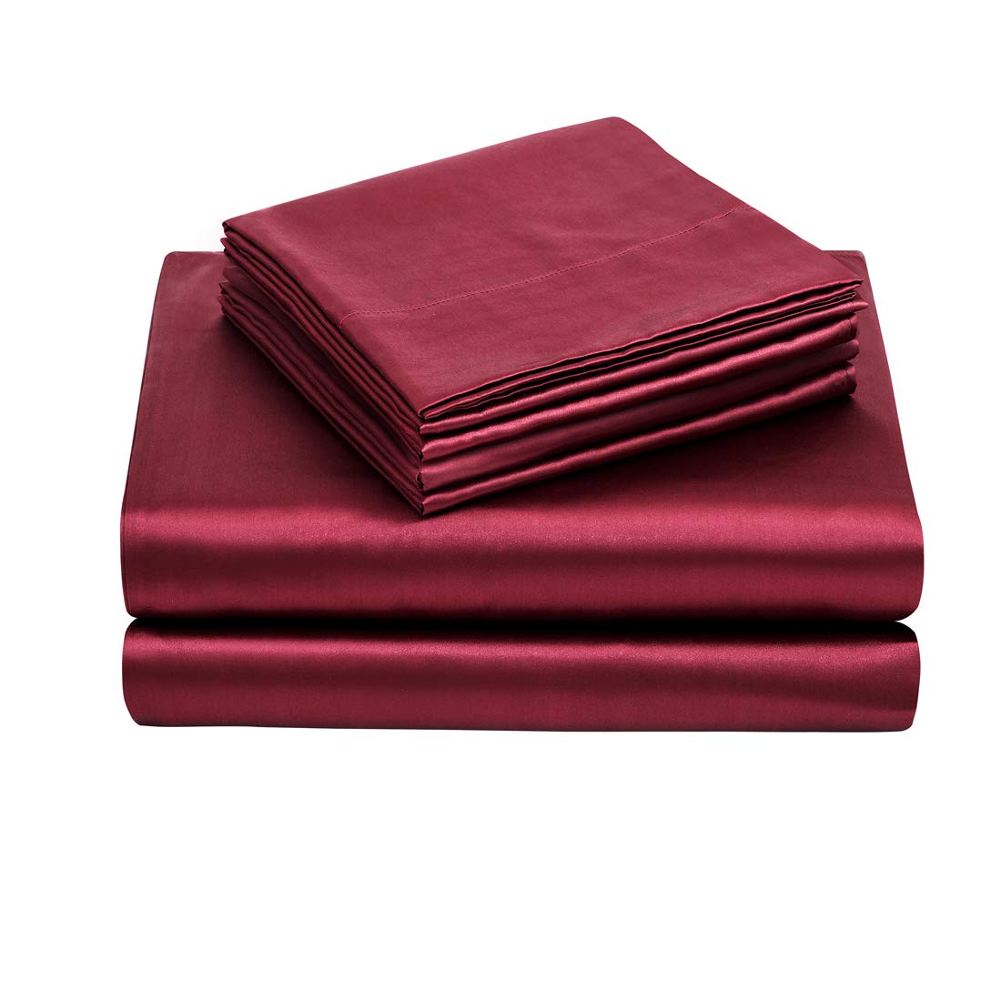 Luxury 6-Piece Satin Sheet Set Queen Size - Silky Smooth Burgundy Bedding with Deep Pocket (Fitted Sheet, Flat Sheet & 4 Pillowcases) for Elegant Bedroom Decor & Romantic Nights