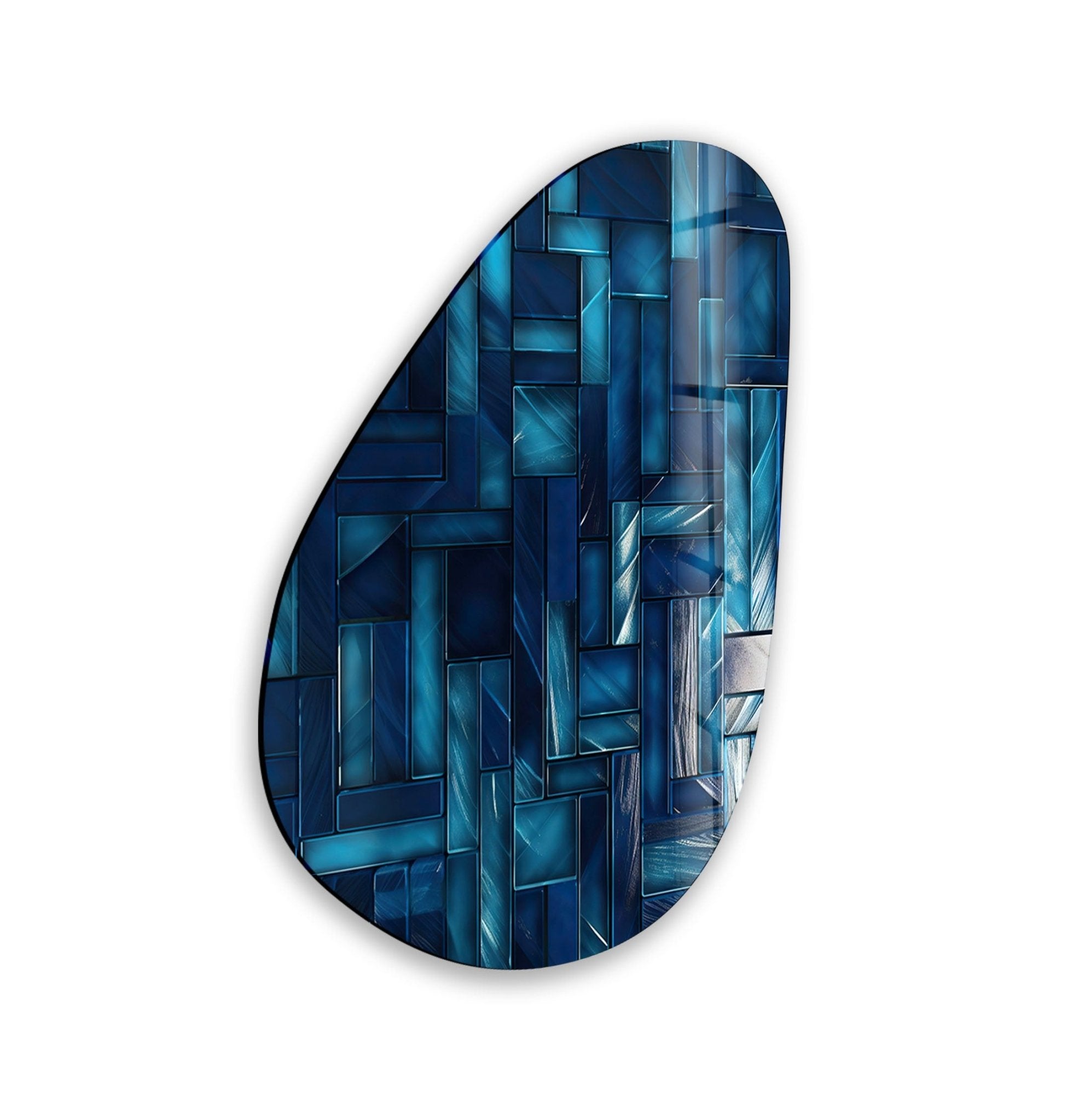 Asymmetrical Oval Navy Blue Lines Glass Wall Art - Modern Abstract Home Decor for Living Room, Bedroom & Office - Handmade Glass Wall Hanging for Unique Interior Design