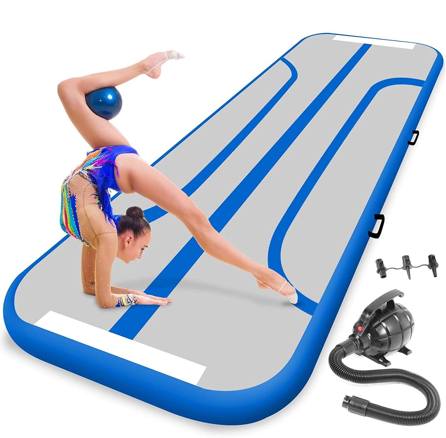 SereneLife 10FT Inflatable Gymnastics Air Tumbling Mat - 4in Thick Floating Water Mat for Yoga, Cheerleading & Training | Portable Foldable Design with Electric Air Pump | Perfect for Backyard, Pool, Gym & Indoor Workouts