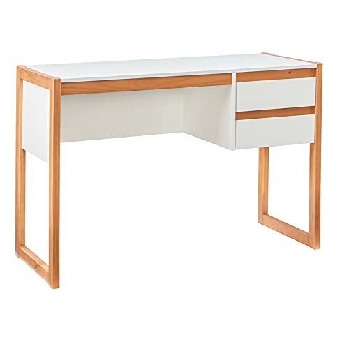 Linon Brock Wood Two Drawer Desk in White and Natural - Modern Home Office Desk for Small Spaces, Study & Workstation