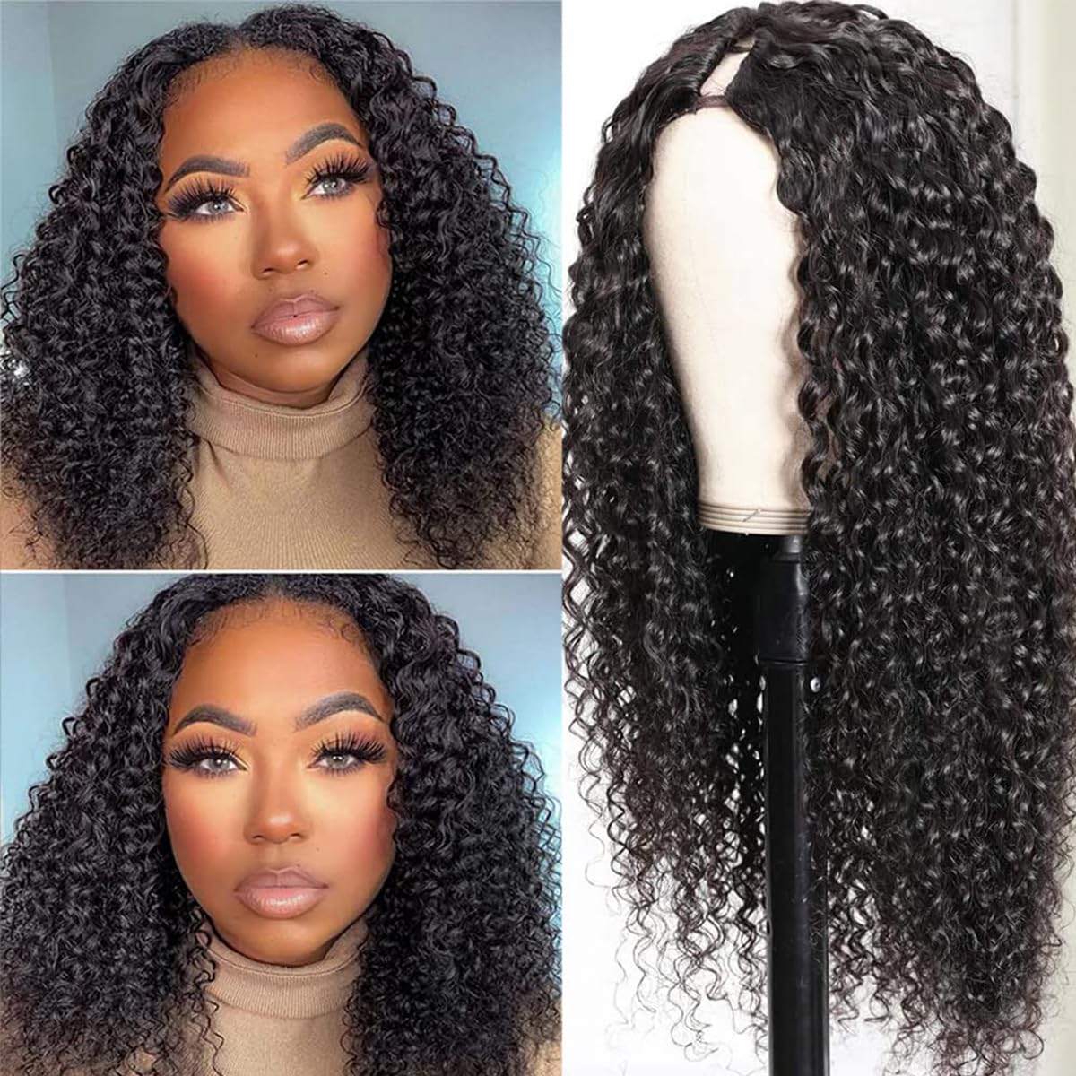 V Part Wig Human Hair Kinky Curly 20 Inch - Glueless No Leave Out U Part Wigs for Black Women | 180% Density Natural Black Human Hair Wigs | Perfect for Daily Wear, Parties & Protective Styling