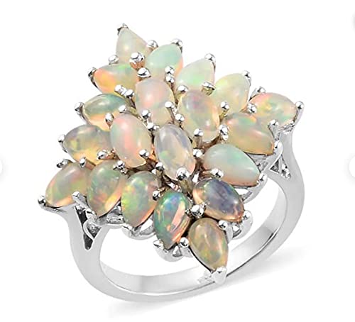 100% Natural Ethiopian Welo Opal Cluster Ring - Sterling Silver H925 Flower Jewelry for Women - Wedding, Engagement & Proposal Ring - Elegant Gift for Her, Anniversary, Valentine's Day