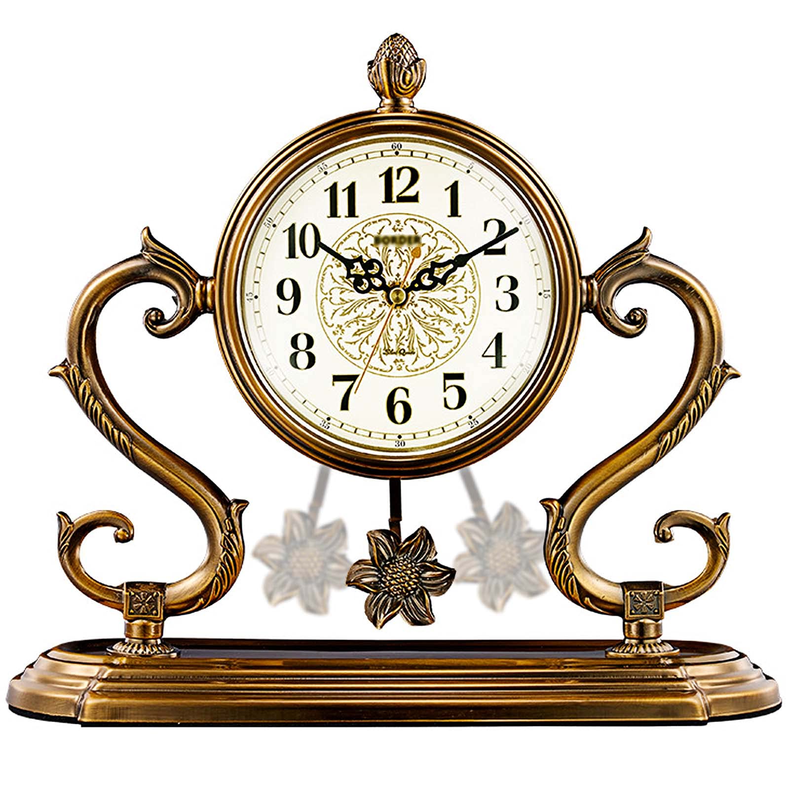 Vintage Metal Mantle Clock with Pendulum - Battery Operated Table Clock for Fireplace, Desk & Shelf - Gold Farmhouse Decor for Living Room, Bedroom & Office - Perfect Gift for Home & Office Decor