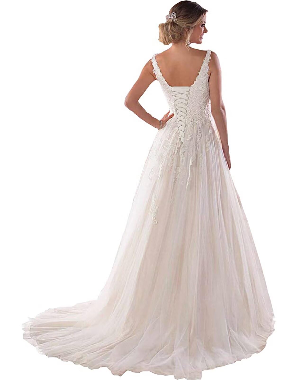Elegant Dymaisei Women's V-Neck Boho Wedding Dress with Lace Applique - Perfect for Brides, Beach Weddings & Boho-Themed Ceremonies