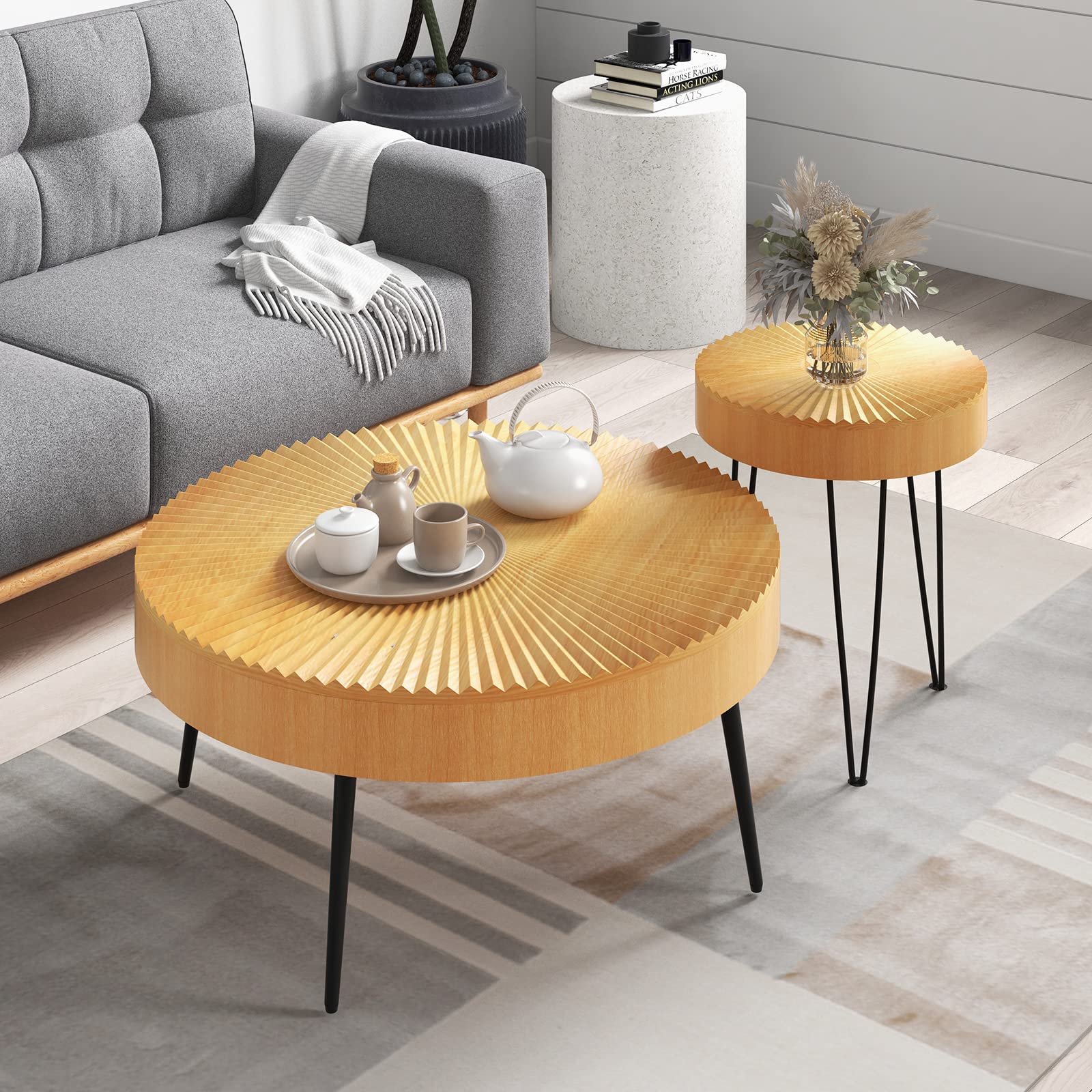 Giantex Boho Round Coffee Table Set of 2 - Solid Pine Wood Top & Metal Legs with Adjustable Foot Pads - 31.5