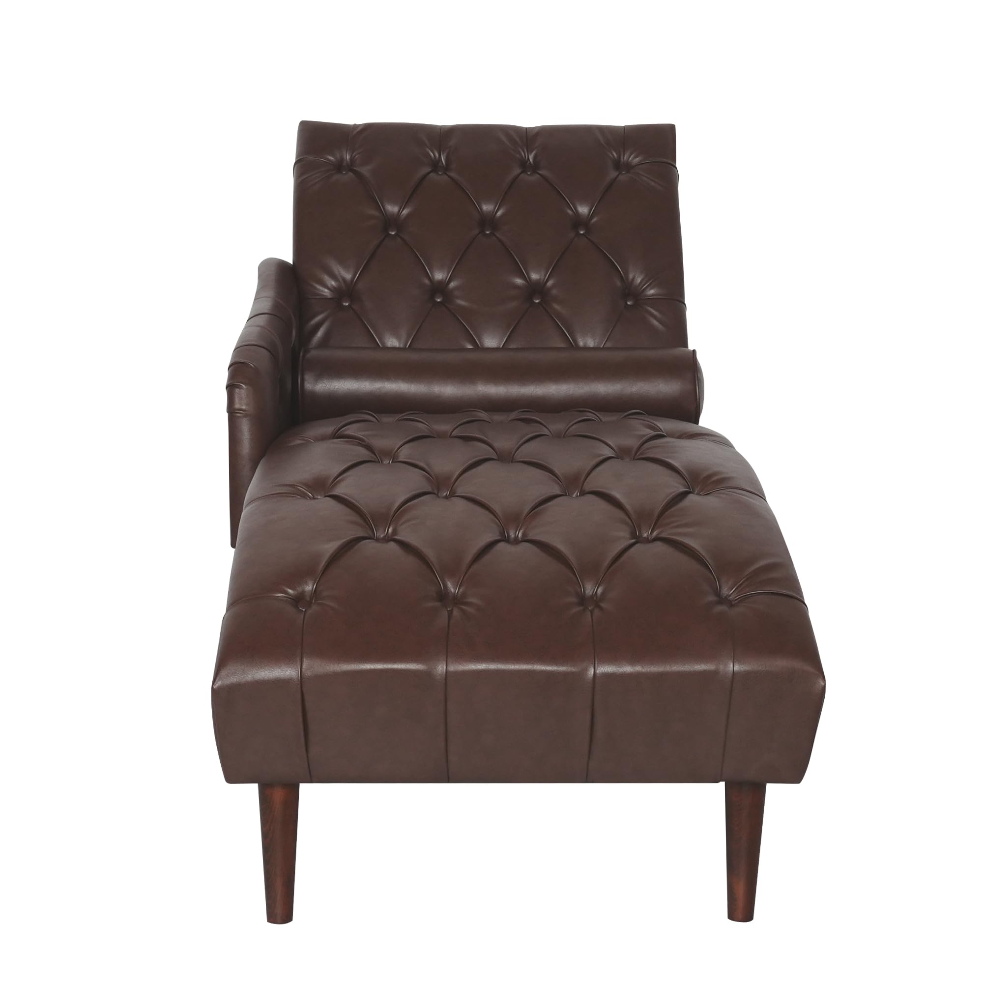 Mid Century Modern Chaise Lounge Chair - Upholstered PU Leather with Lumbar Pillow & Wood Legs - Comfy Indoor Lounge Chair for Living Room, Bedroom | Perfect for Relaxing, Reading & Napping