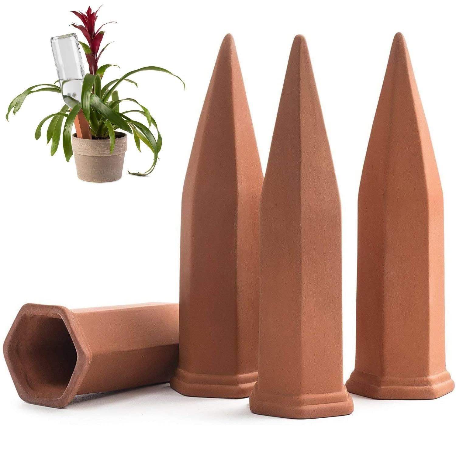 4-Pack Terracotta Plant Self-Watering Stakes for Indoor & Outdoor Plants - Automatic Irrigation System with Recycled Wine Bottles - Perfect for Home, Vacation, and Office Use
