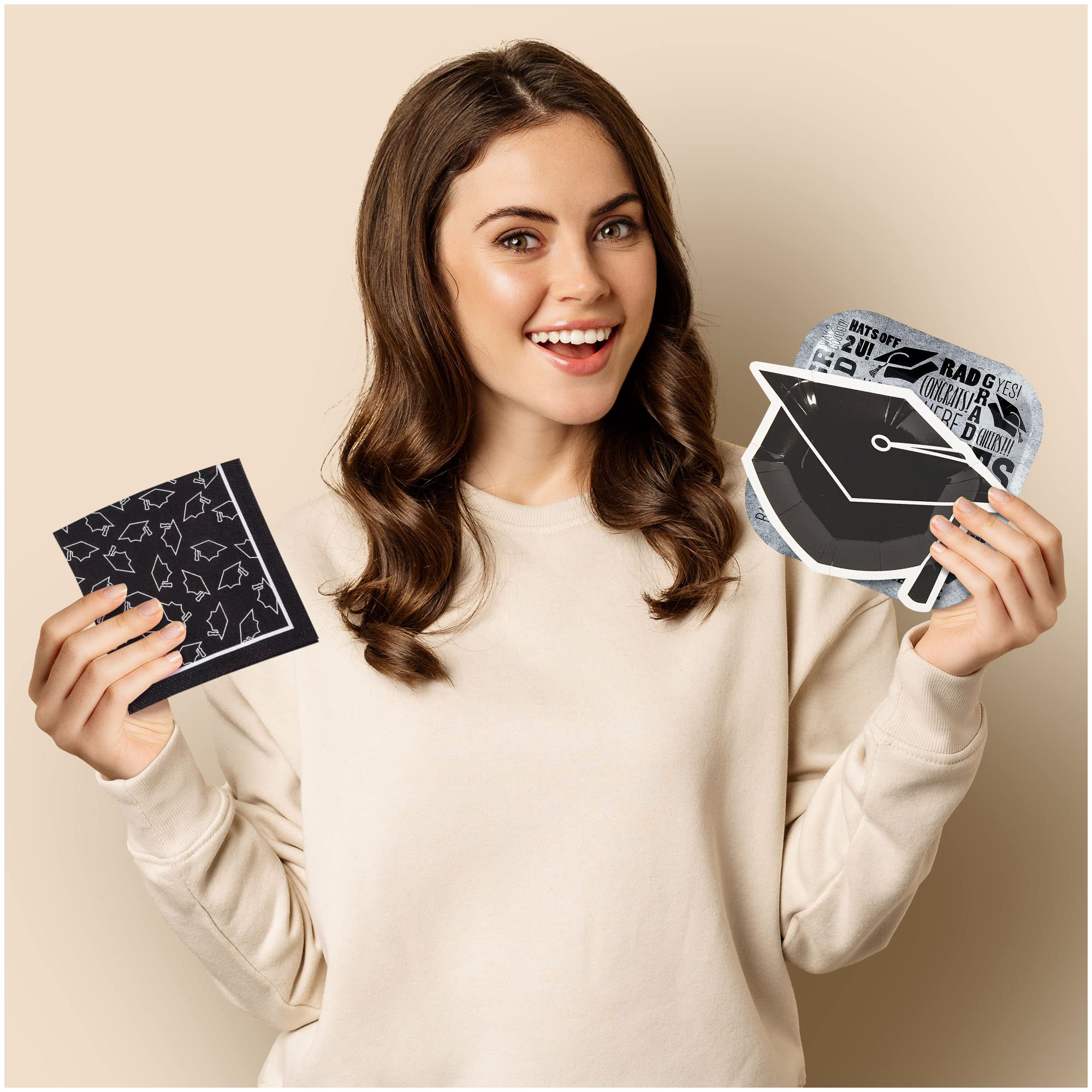 Rad Grad Black & White Graduation Party Supplies Set - 32 Square Paper Dessert Plates, Cap-Shaped Appetizer Plates & 36 Beverage Napkins | Perfect for Graduation Celebrations, School Parties & College Send-offs