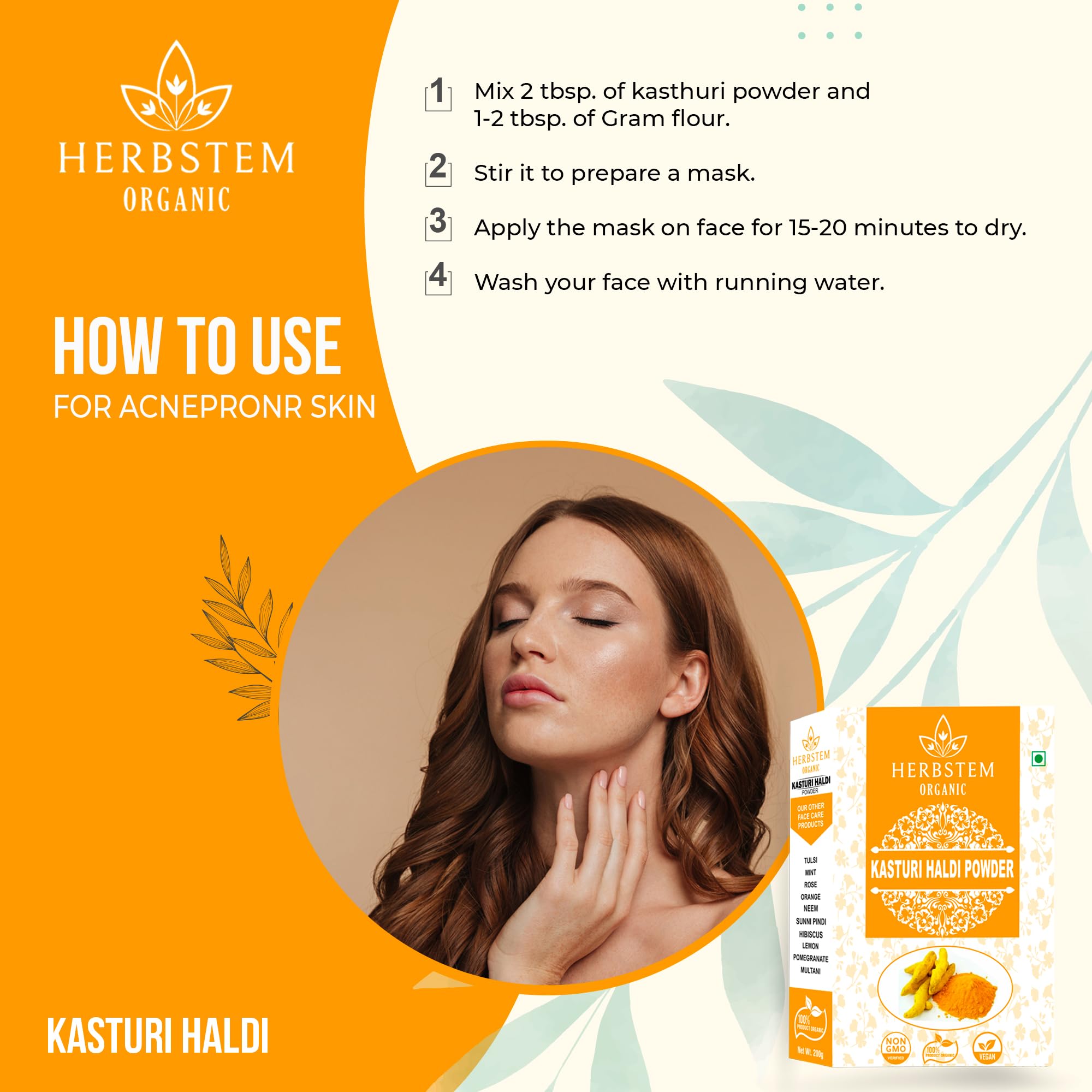 Herbstem Pure Kasturi Turmeric Powder for Face & Hair - 100g | Organic Wild Turmeric for Glowing Skin, Acne Treatment & Pimple Relief | Natural Skin Brightening Face Pack | Perfect for DIY Beauty Masks & Ayurvedic Skincare Routines