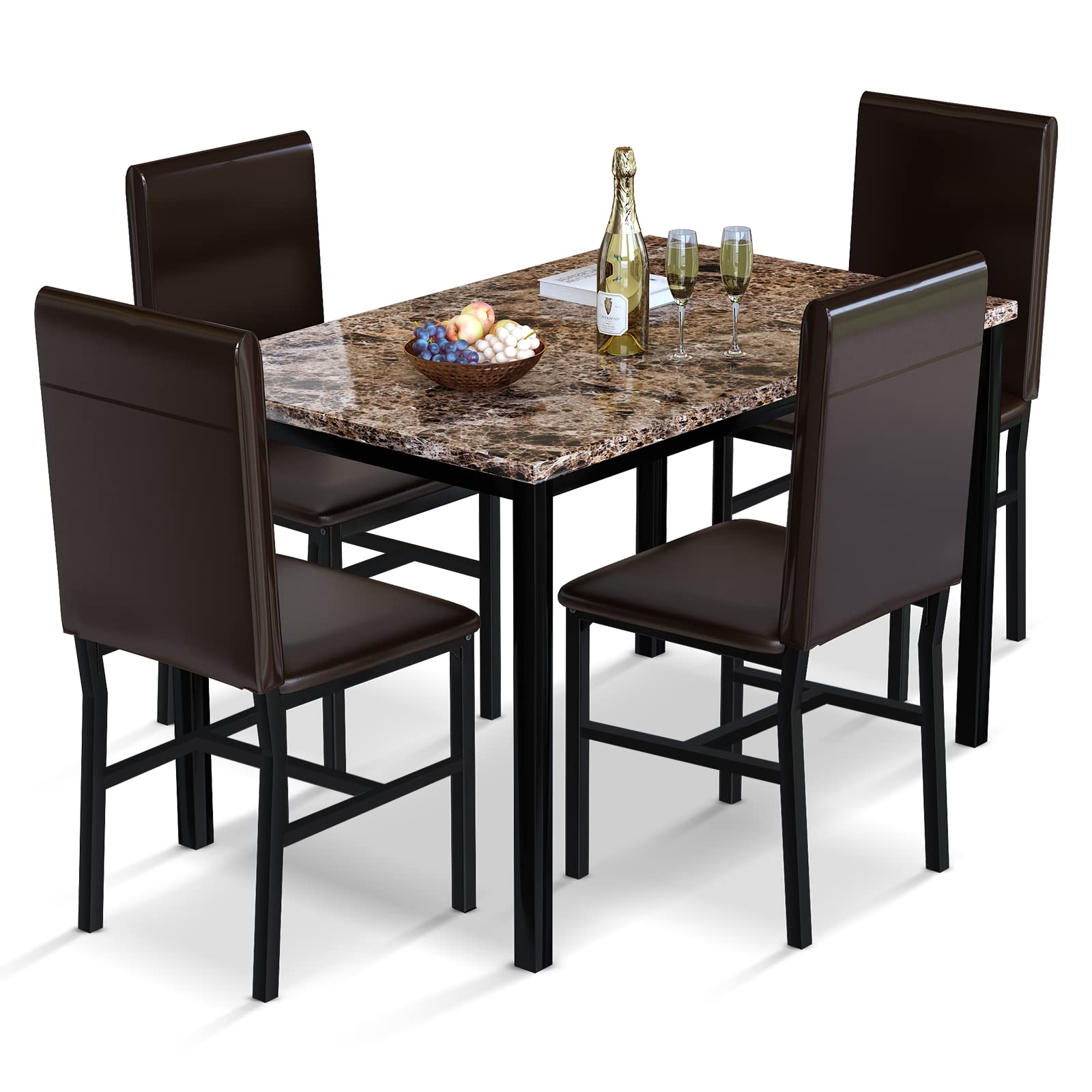 Modern 5-Piece Dining Table Set for 4 - Faux Marble Kitchen Table & 4 Chairs, Compact Brown Dinner Table Set for Small Spaces | Perfect for Apartments, Breakfast Nooks & Cozy Dining Areas