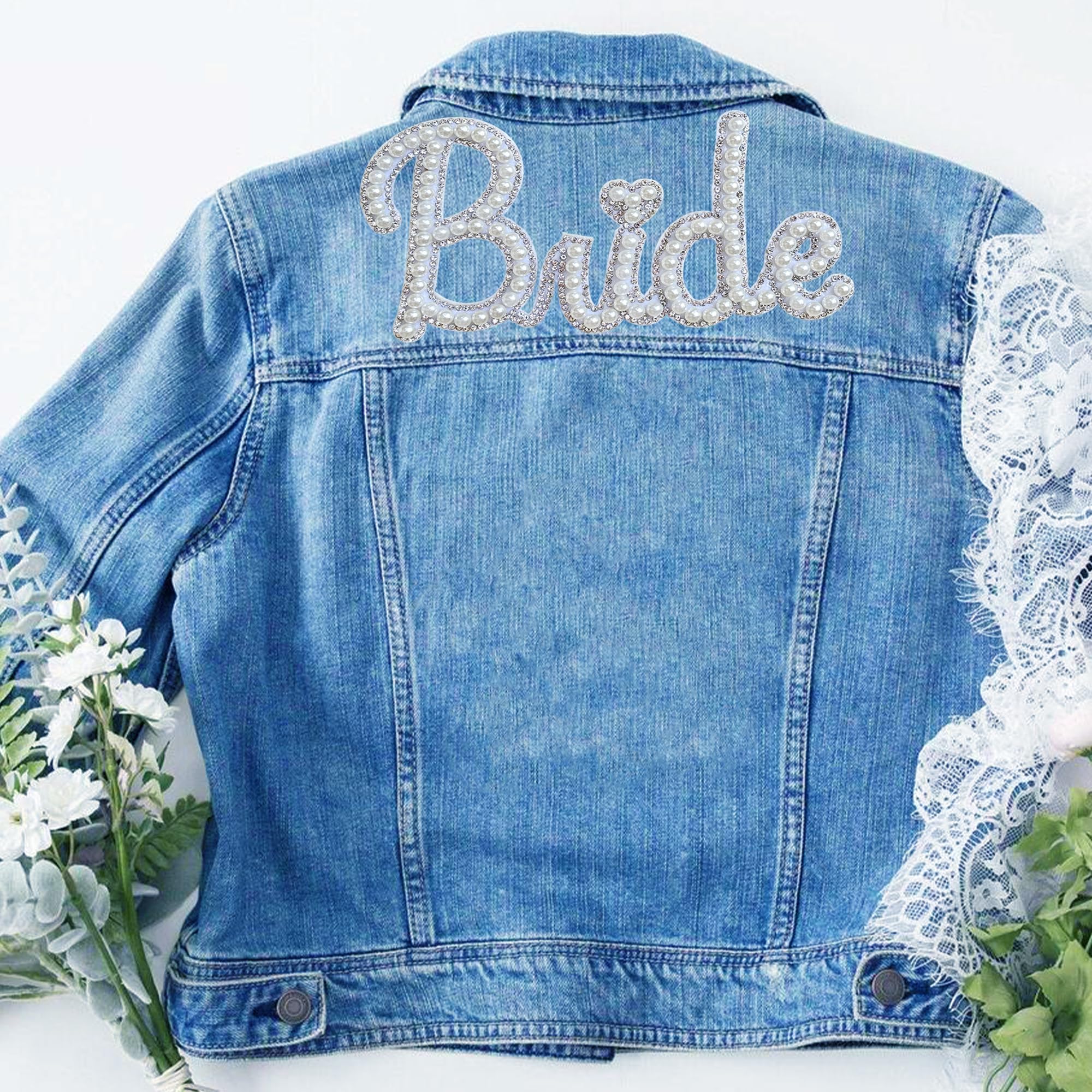 White Bride Iron-On Letter Patches with Pearls - Wedding Gift for Jackets, Bags & DIY Crafts - Perfect for Bridal Shower, Bachelorette Parties & Wedding Decorations