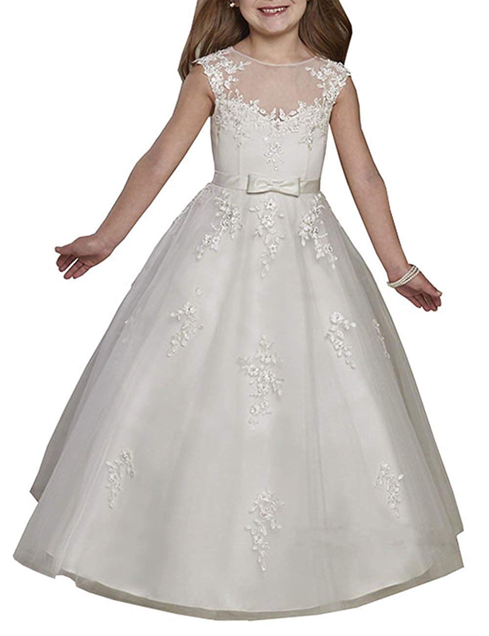Vintage Flower Girl Dress for Wedding - Sheer Neck Lace First Holy Communion Dress with Cap Sleeves | Perfect for Weddings, Baptisms & Special Occasions