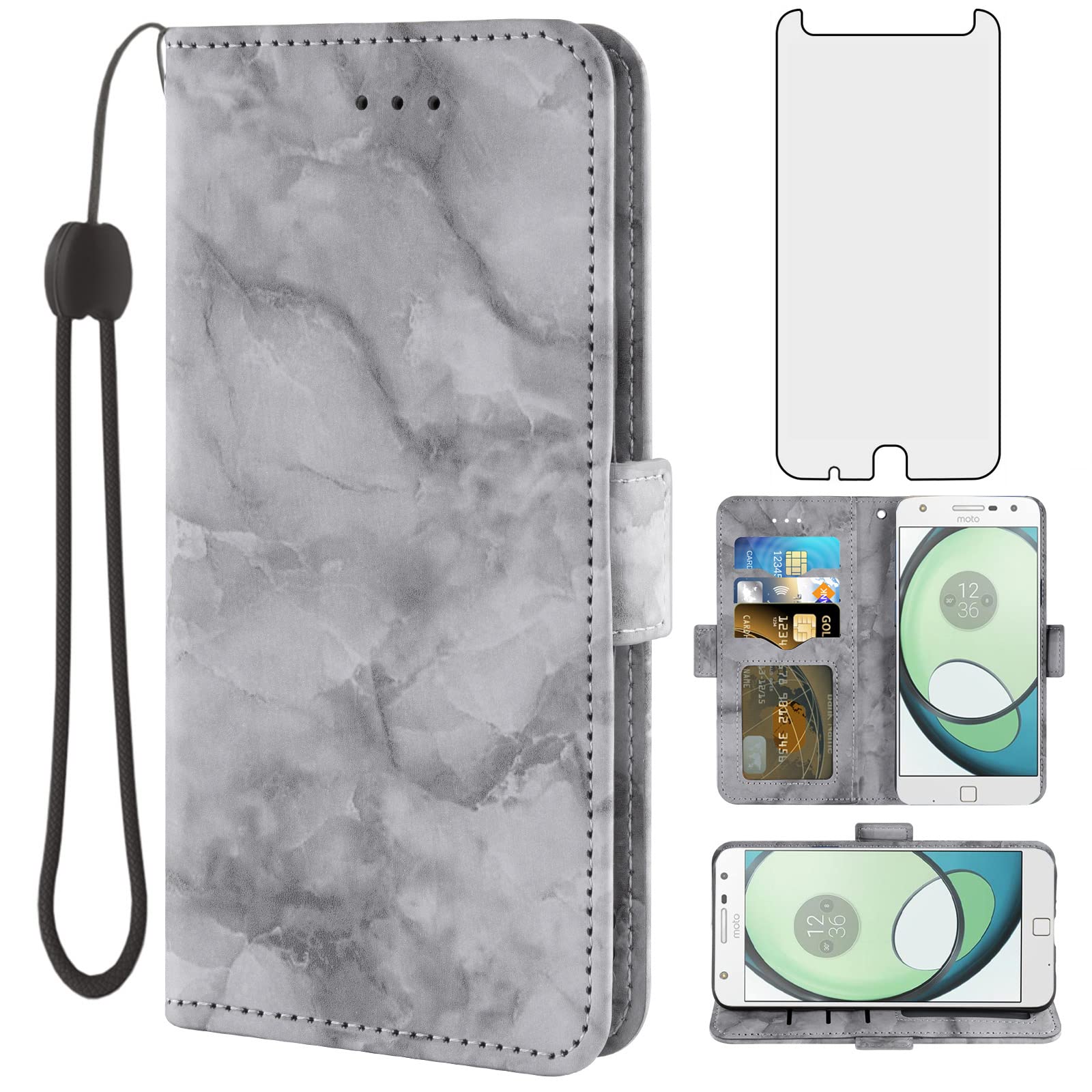 **ASUWISH Marble Flip Wallet Case for Moto Z Play - Compatible with Motorola Z Play & Droid | Built-in Card Holder & Kickstand | Tempered Glass Screen Protector Included | Stylish & Protective Cover for Work, Travel & Daily Use**