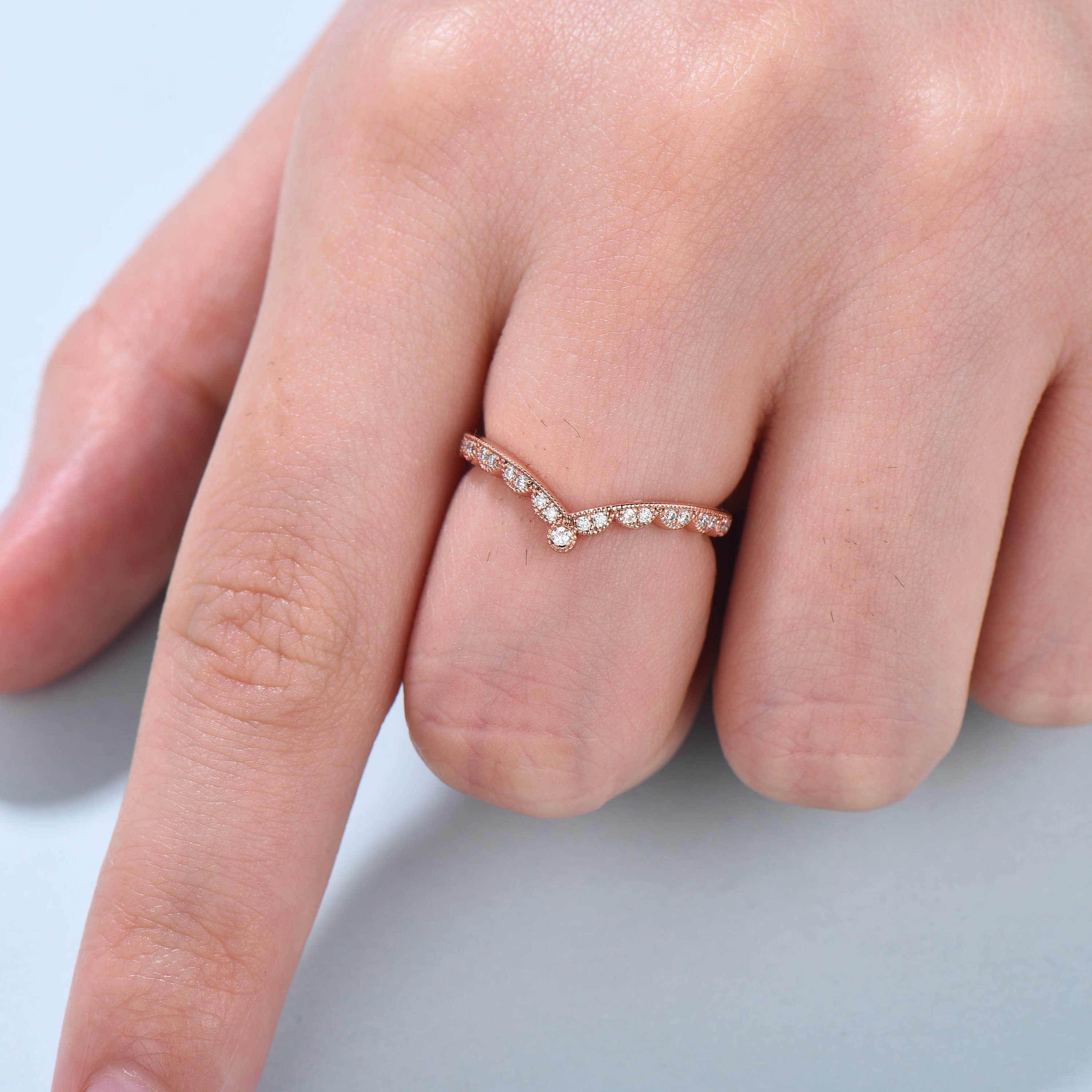 Art Deco Dainty Curved Diamond Wedding Band - Unique Rose Gold Mulgrain Stacking Ring with Moissanite - Matching Anniversary Gift for Women - Perfect for Bridal Sets, Stackable Rings & Special Occasions