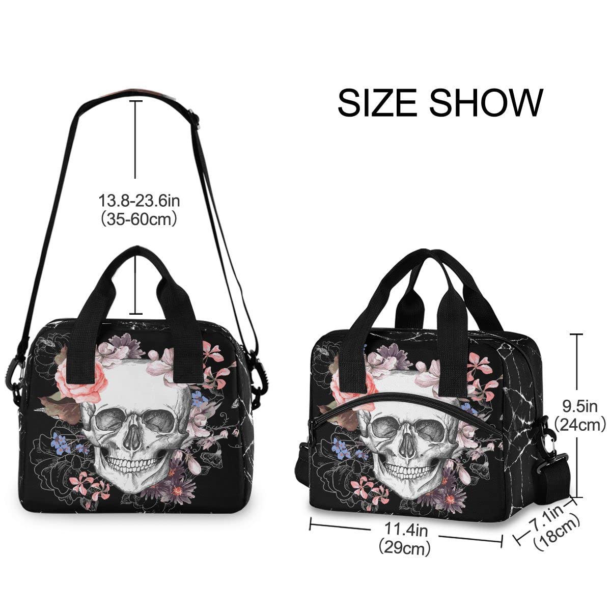 MNSRUU Insulated Lunch Bag with Skull & Floral Design - Reusable Leakproof Lunch Tote for Women & Men - Perfect for Work, School, Picnics & Outdoor Activities