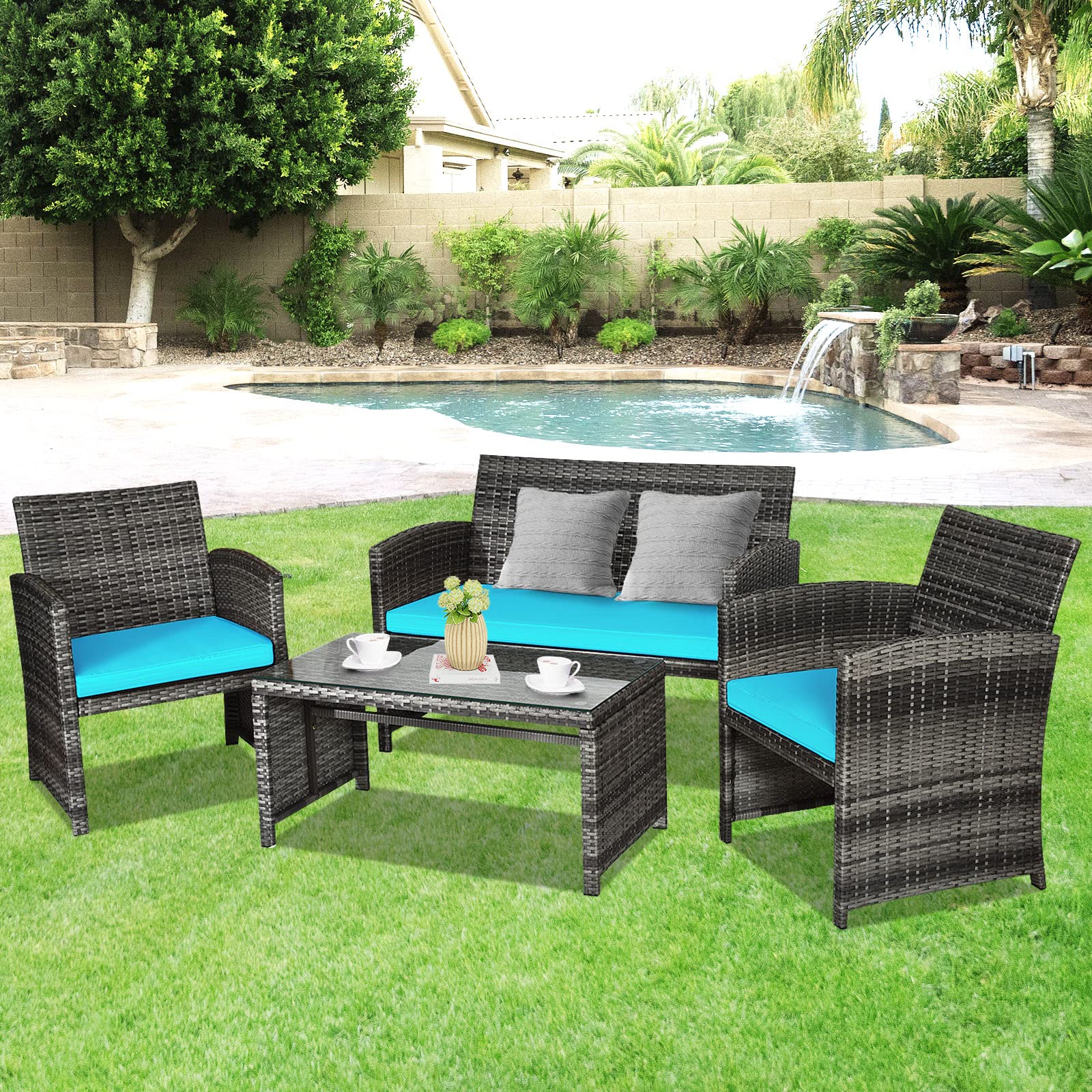 Goplus 4-Piece Rattan Patio Furniture Set, Outdoor Wicker Conversation Sofa with Weather-Resistant Cushions & Tempered Glass Tabletop - Perfect for Lawn, Backyard, Poolside, Garden, and Patio (Turquoise)