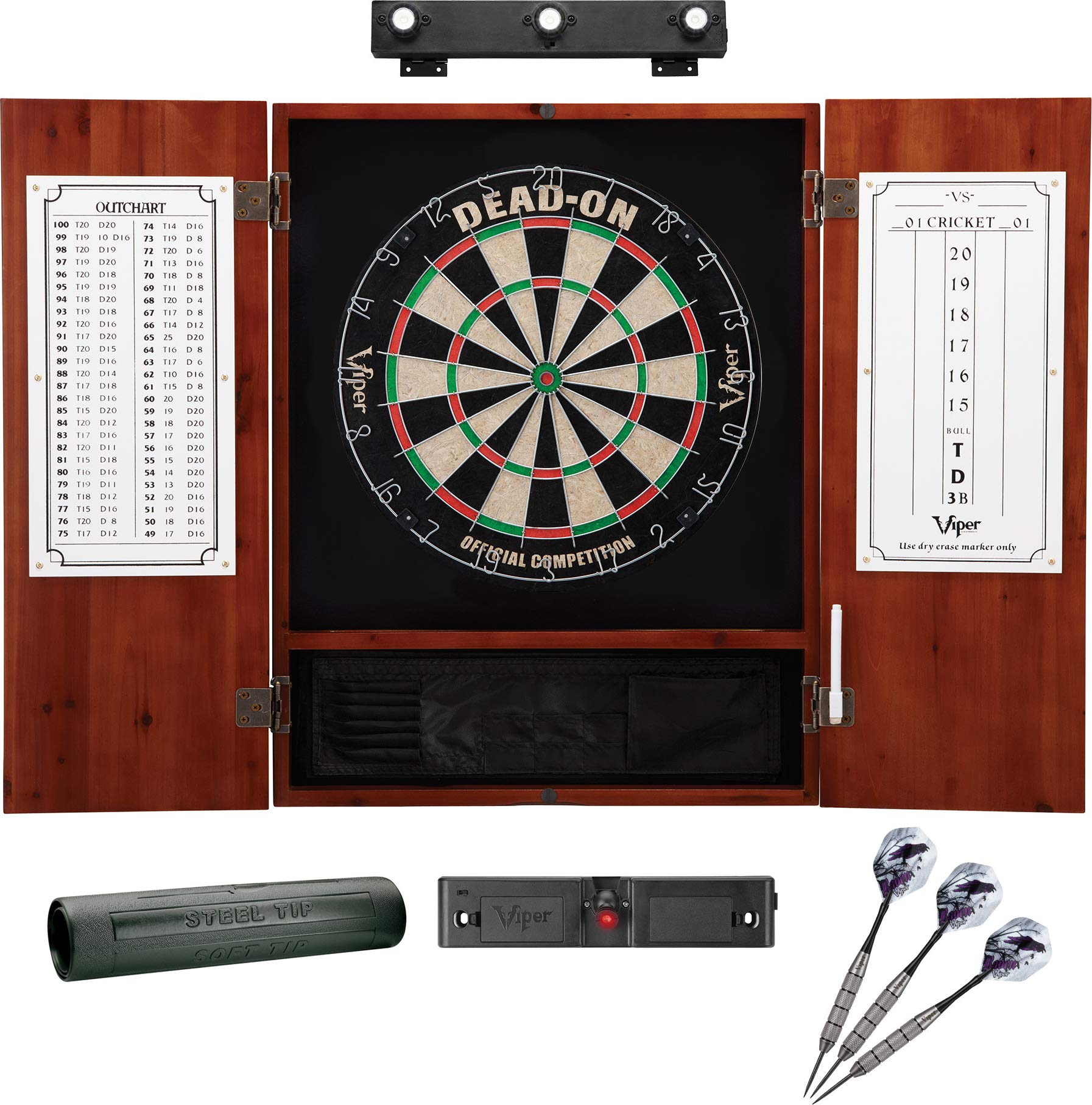 Viper Dead On Professional Sisal Dartboard Set with Metropolitan Cinnamon Cabinet, Shadow Buster LED Dartboard Lights & Padded Dart Mat - Perfect for Home Game Rooms, Bars, and Indoor Sports Entertainment