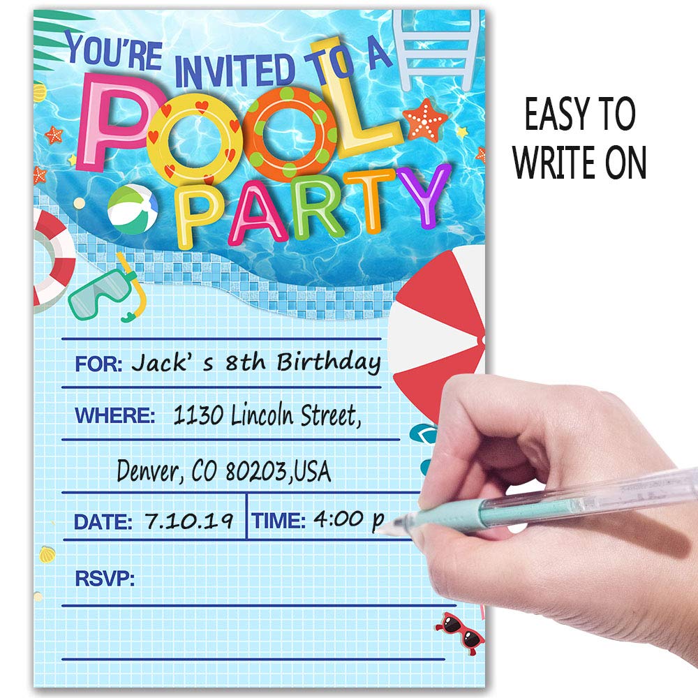 UKEBOBO 30 Double-Sided Pool Party Invitations with Envelopes - Birthday Party Supplies for Boys & Girls - Summer BBQ Cookout Fill-in Cards - Perfect for Kids' Birthday Parties, Family Gatherings & Backyard Events