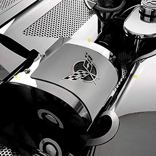 1997-2004 C5 Corvette Alternator Cover with Crossed Flags Inlay - High Polished Stainless Steel - Engine Bay Protection & Custom Style Upgrade for Chevy Corvette C5 Models