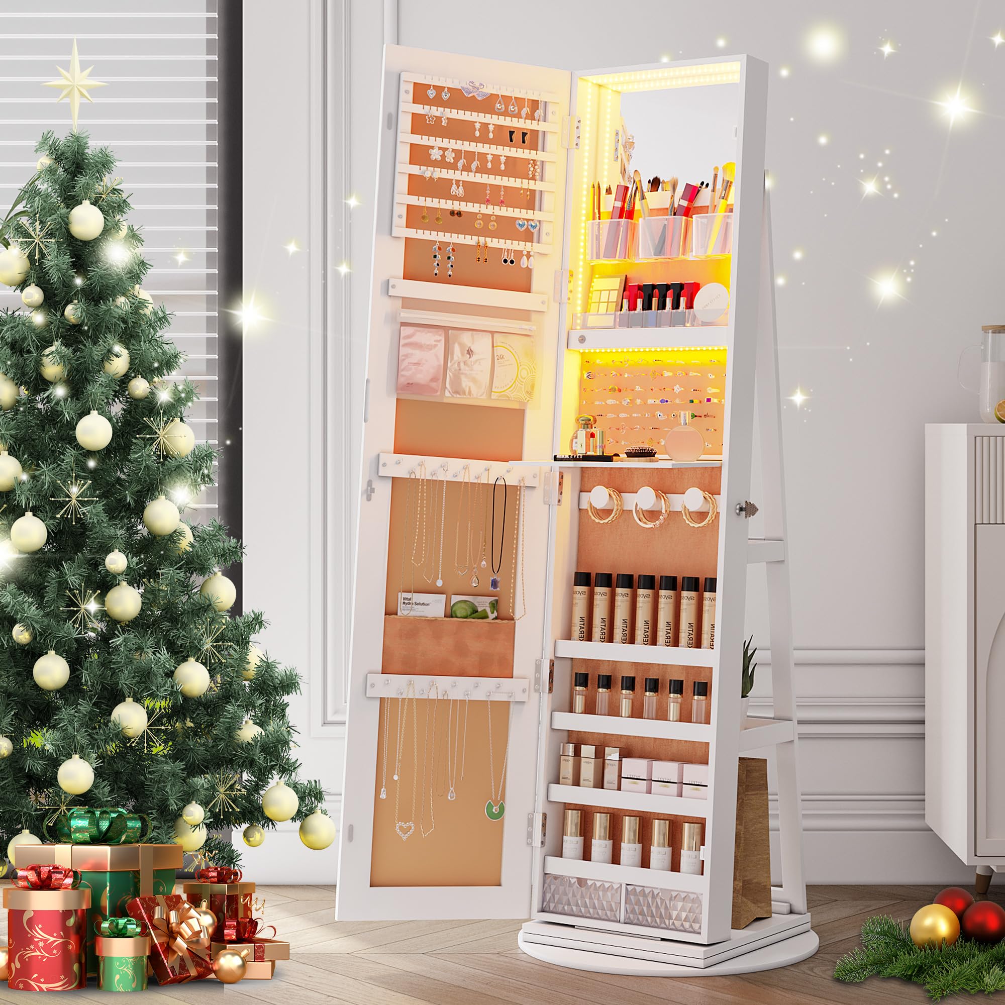 HNEBC 360° Swivel Jewelry Cabinet with LED Lights - Standing Jewelry Armoire Organizer with Full Length Mirror & Lockable Storage - Rotatable Jewelry Mirror for Bedroom, Closet, or Dressing Room (White)