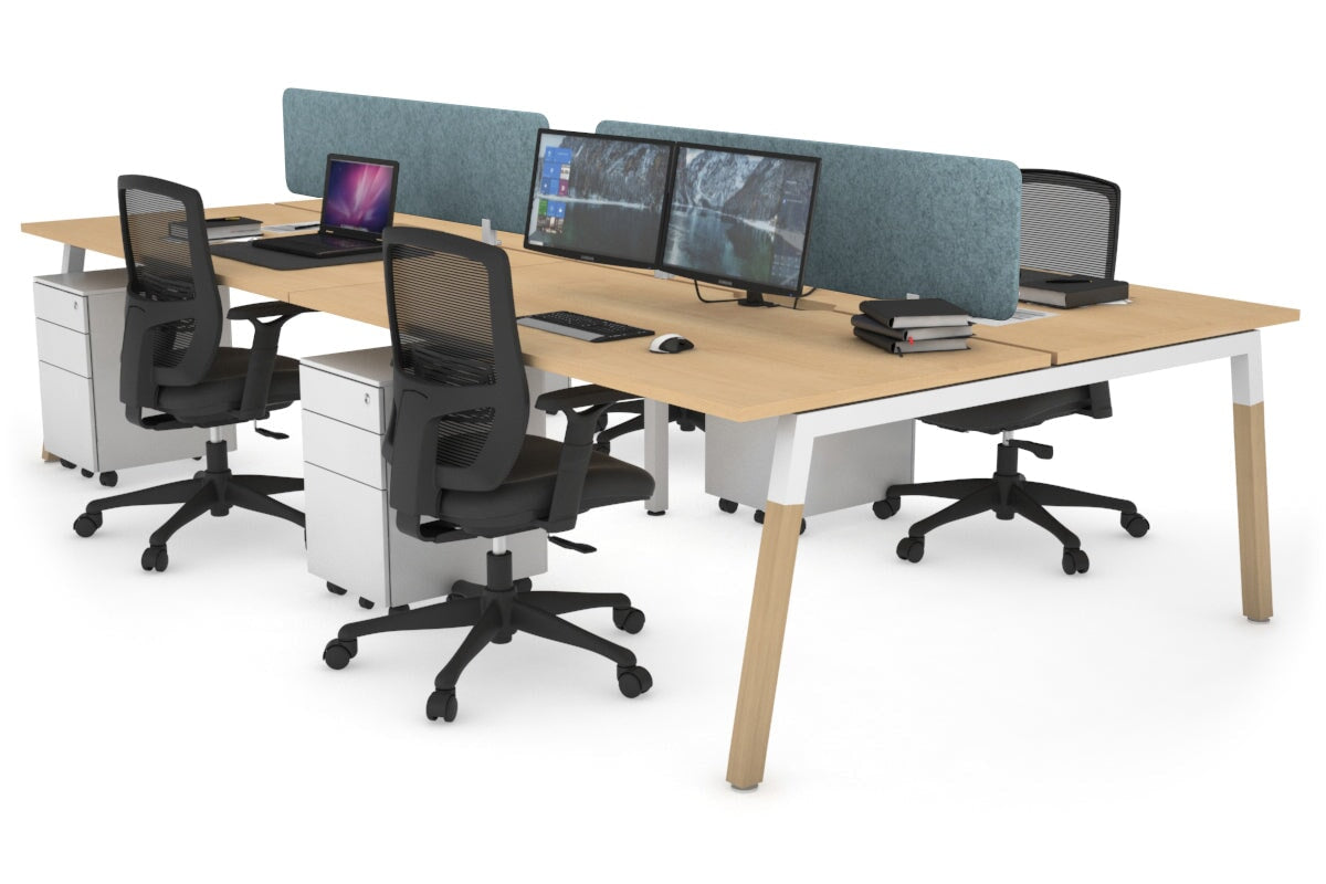 Quadro A Legs 4-Person Office Workstation with Wood Legs & Cross Beam - 1400L x 800W Dimensions, Cable Management Scallop | Perfect for Collaborative Workspaces & Modern Offices