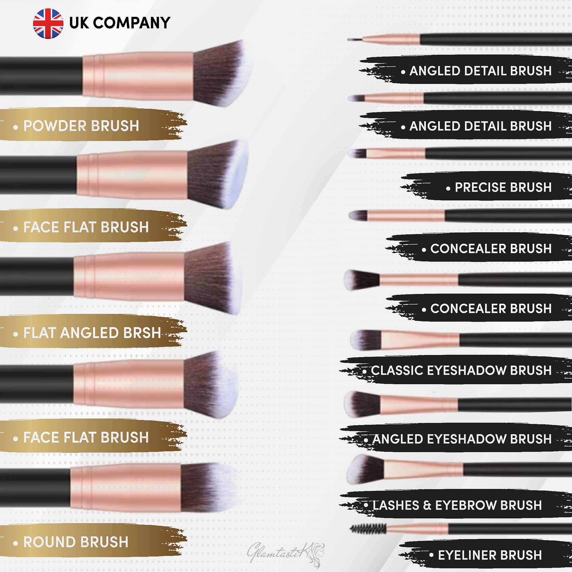 Glamtastik® 19-Piece Vegan Makeup Brush Set - Professional Kabuki Brushes, Beauty Blender & Makeup Remover Pad with Brush Cleaner & Case | Perfect for Travel, Bridal & Everyday Makeup | UK Brand