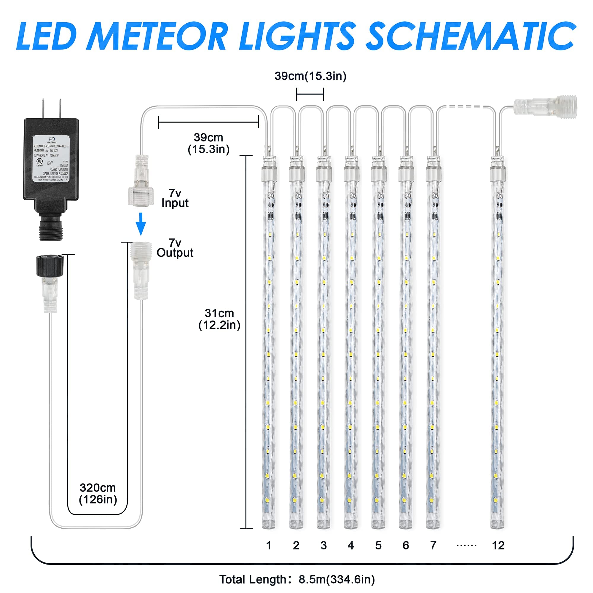 Meteor Shower LED String Lights - 12.2 Inch 12 Tubes 288 LEDs Cascading Rain Snow Icicle Lights for Christmas Wedding Garden Tree Patio Decoration (Blue) | Indoor Outdoor Holiday Party Home Decor Lighting