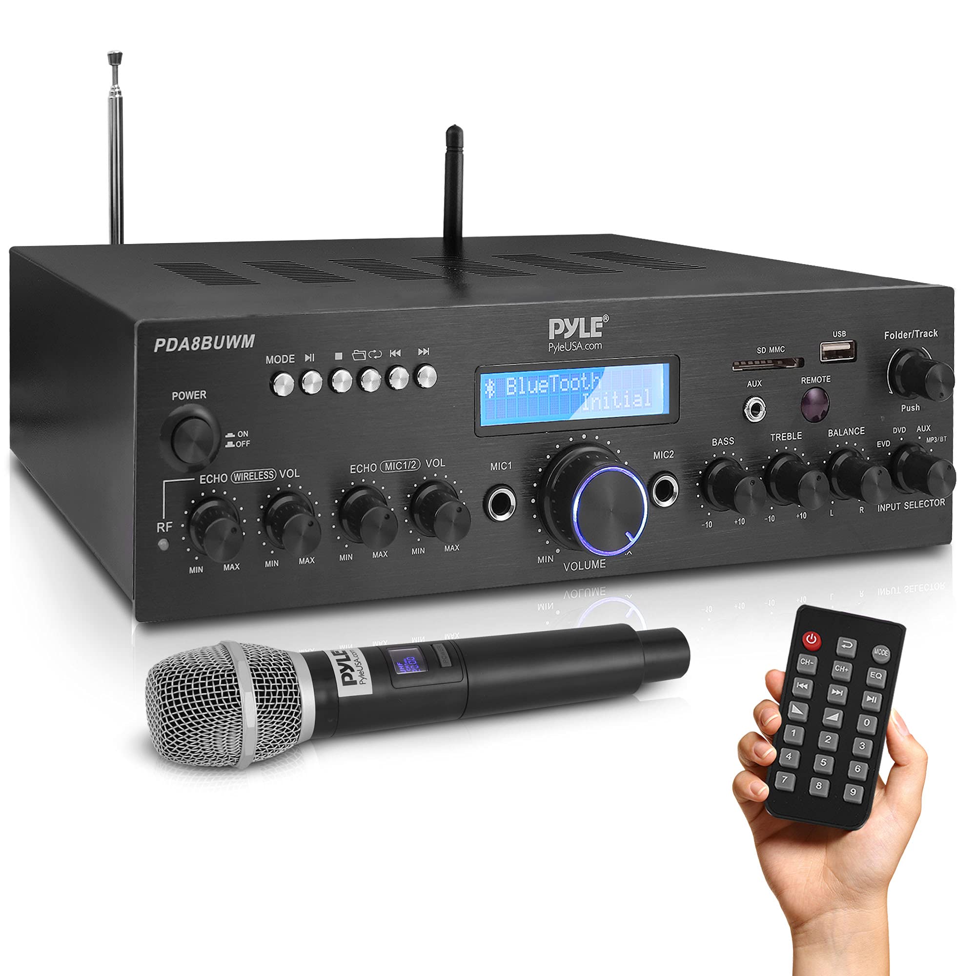 Pyle Wireless Microphone Power Amplifier System - 200W Dual Channel Karaoke Speaker with USB, AUX, RCA, Echo & Radio | Home Theater, Studio & Party Use | PDA8BUWM.5